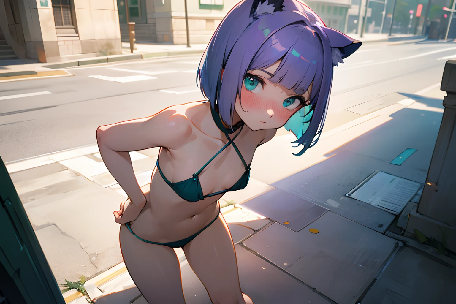 (Textured skin, bob cut, shy and full blush face, aqua eyes, Best Quality,8k), ((Masterpiece)), (High Definition:1.3), Beautiful,(Masterpiece), Beautiful photo, wide-shot, look into the camera Posing, Dirty street corner、1girl, Slender small breasts,cat ears, light purple hair、Cute Beautiful Girl、Small bikini