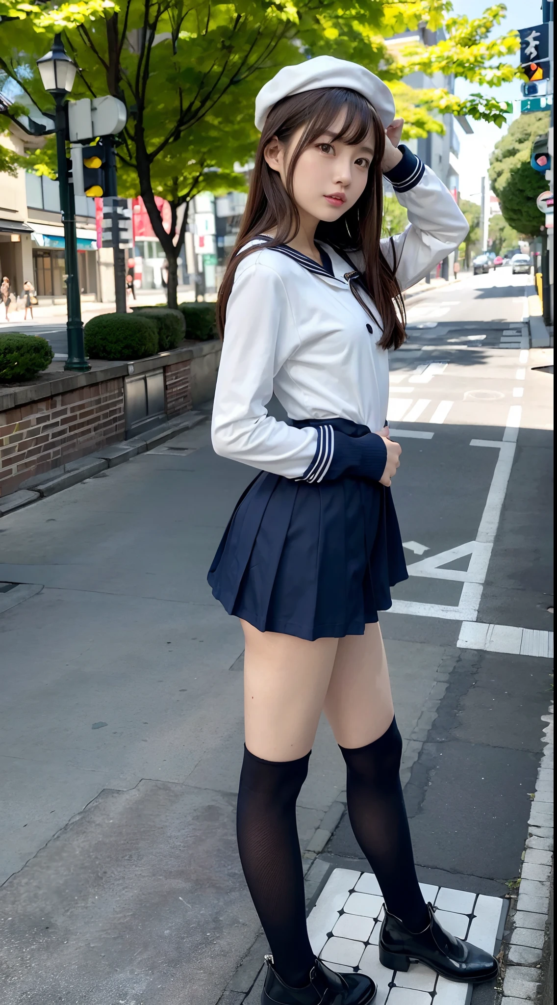 mix4, (16 K, Raw photography, Top image quality, masterpiece: 1.45), (realisitic, Photorealsitic: 1.37), one girls, 7.5, etc、No skin exposure due to clothing、well maintained、Random hairstyle、Standing figure,Morning time slot、a very cute,, profetional lighting, photon maping、physically-based renderingt, Gradient dark brown hair,Crisp backgrounds and high resolution, a handsome, Well-groomed and beautiful eyes、Large double eyelids、Very shiny、girl with, (((student clothes、Long sleeve sailor suit worn by Japan schoolgirl、Navy blue sailor color、scarf、a miniskirt, Small beret、high socks、lowfers))), Top Quality Photos, hight resolution, 1080p, (clearface), (Detailed face description), (Detailed hand description), (masterpiece), (Exquisite CG)、extreme light and shadows、dishevled hair、master work、abundant detail、(Fine facial features)、(top quality photo)、(masuter piece)、(A detailed eye)、Look in front of you、Fine clavicle、((Slender big))、(((Japan schoolgirl in sailor suit)))、((Beautiful face like an idol))、((Airport lobby、Before check-in、Airplane seen from the window))、(((neat and cute)))、耳Nipple Ring、A big smile、Drawing the whole body from the knees、Do not draw nasolabial folds、(((Cute sailor suit)))、(Big breasts that hang down big:1.2)、Big buttocks with tension、Two arms and two legs、(((from the front side:0.3)))、bare hand、No mask、