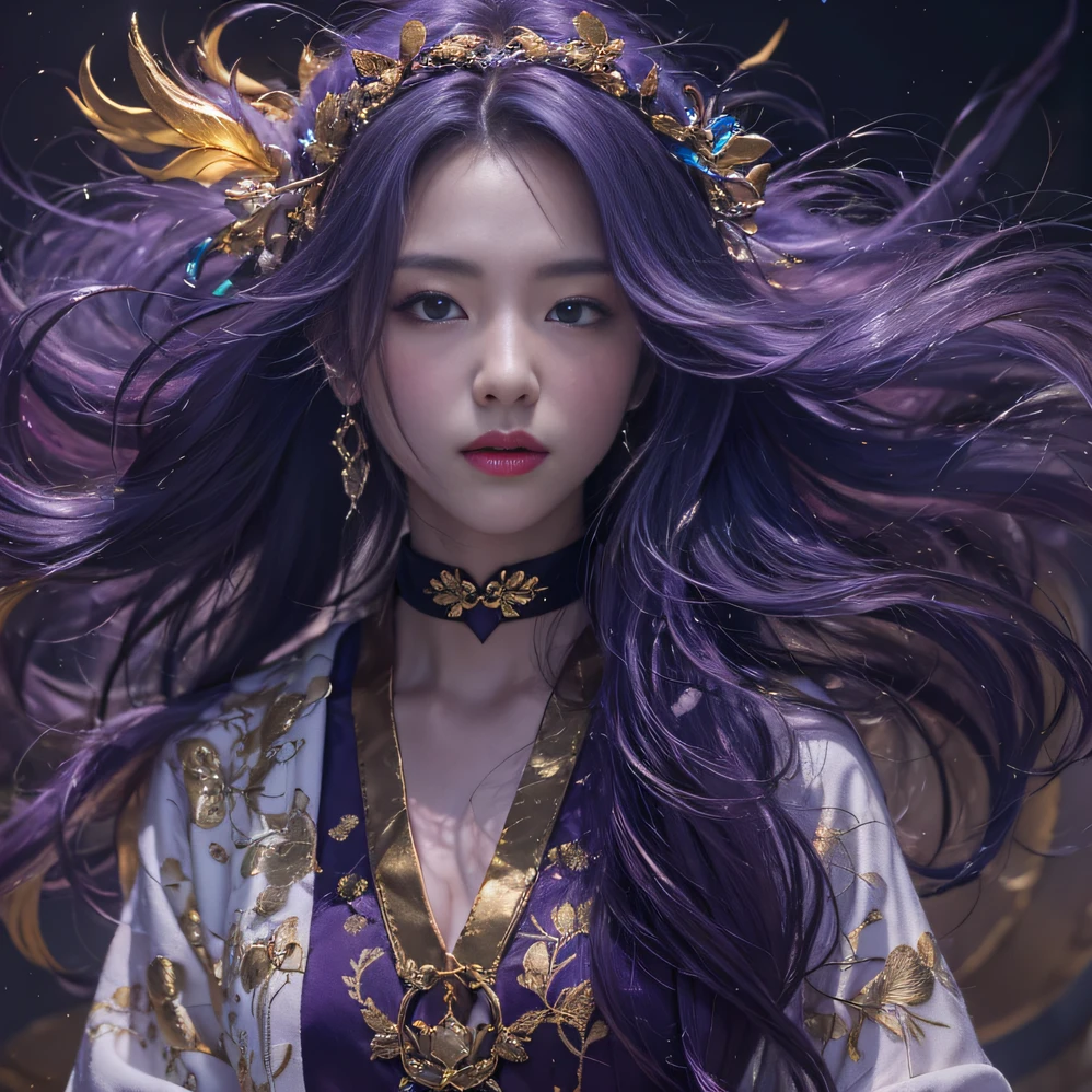 Genki Girl 32K(tmasterpiece,k hd,hyper HD,32K)Long flowing bright purple hair,Autumn Pond,zydink, a color, Asian people (Genki girl), (Silk scarf), Combat posture, looking at the ground, long whitr hair, Floating bright purple, Fire cloud pattern gold tiara, Chinese long-sleeved gold silk garment, (Abstract metaverse splash:1.2), white backgrounid,Lotus Vitality Protector(realisticlying:1.4),Bright purple hair,Smoke on the road,The background is pure, A high resolution, the detail, RAW photogr, Sharp Re, Nikon D850 Film Stock Photo by Jefferies Lee 4 Kodak Portra 400 Camera F1.6 shots, Rich colors, ultra-realistic vivid textures, Dramatic lighting, Unreal Engine Art Station Trend, cinestir 800,A girl with flowing bright purple long hair