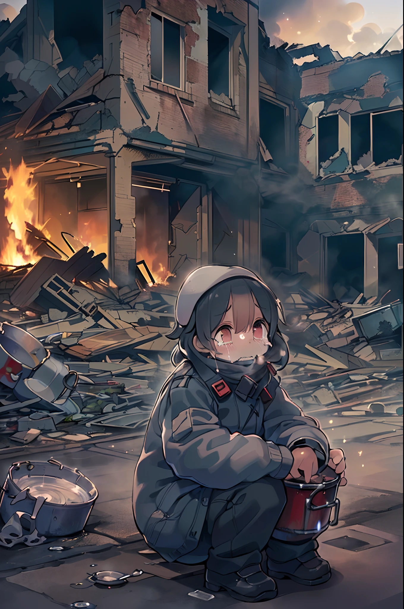 ((Little girl sitting on the street feeling cold crying, Hinged eyes of teardrops, Sadness Cute Face 🥺 )), a backdrop of ((Ruins of burnt apartments and ambulances, P((Oris man turning to extinguish fire with water bucket々, Night, Police Light, Smoke outside a destroyed house, loimu))