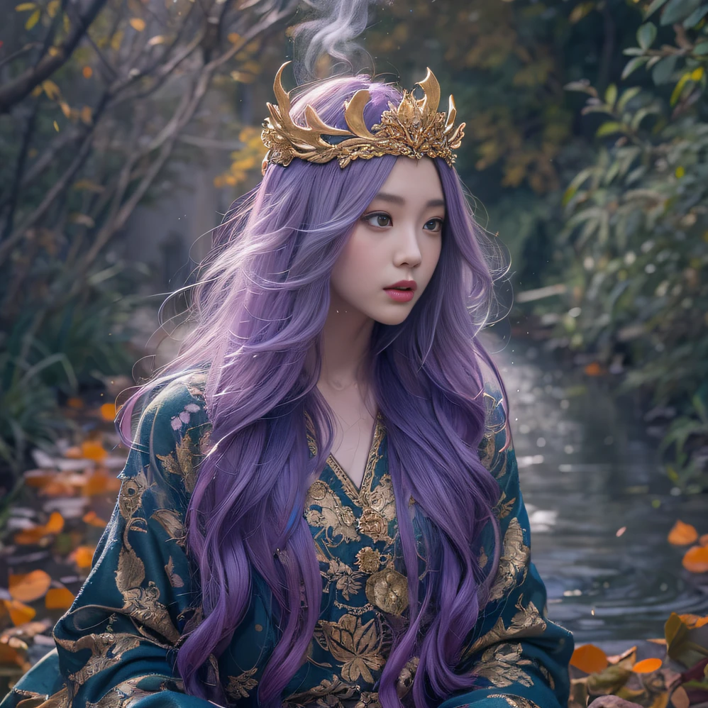 Genki Girl 32K(tmasterpiece,k hd,hyper HD,32K)Long flowing bright purple hair,Autumn Pond,zydink, a color, Asian people (Genki girl), (Silk scarf), Combat posture, looking at the ground, long whitr hair, Floating bright purple, Fire cloud pattern gold tiara, Chinese long-sleeved gold silk garment, (Abstract metaverse splash:1.2), white backgrounid,Lotus Vitality Protector(realisticlying:1.4),Bright purple hair,Smoke on the road,The background is pure, A high resolution, the detail, RAW photogr, Sharp Re, Nikon D850 Film Stock Photo by Jefferies Lee 4 Kodak Portra 400 Camera F1.6 shots, Rich colors, ultra-realistic vivid textures, Dramatic lighting, Unreal Engine Art Station Trend, cinestir 800,A girl with flowing bright purple long hair