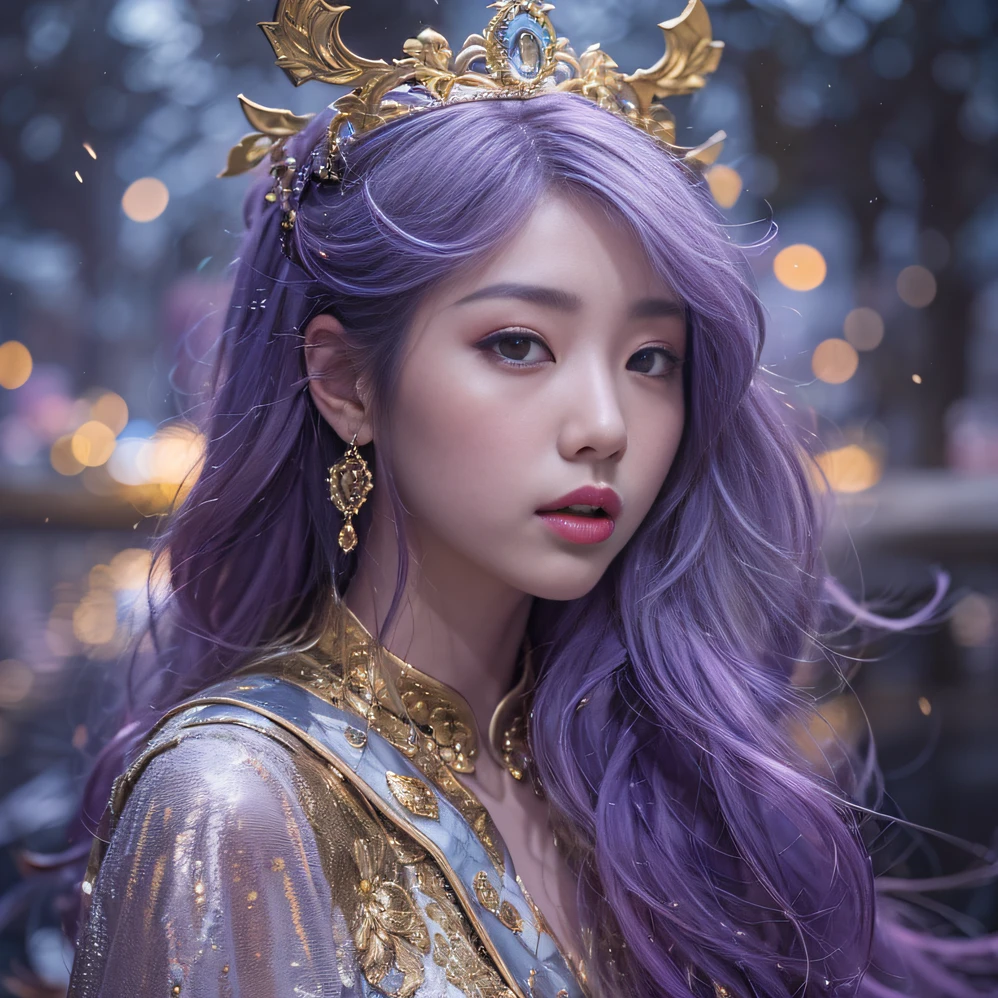 Genki Girl 32K（tmasterpiece，k hd，hyper HD，32K）Long flowing bright purple hair，Autumn Pond，zydink， a color，  Asian people （Genki girl）， （Silk scarf）， Combat posture， looking at the ground， long whitr hair， Floating bright purple， Fire cloud pattern gold tiara， Chinese long-sleeved gold silk garment， （Abstract metaverse splash：1.2）， white backgrounid，Lotus Vitality Protector（realisticlying：1.4），Bright purple hair，Smoke on the road，The background is pure， A high resolution， the detail， RAW photogr， Sharp Re， Nikon D850 Film Stock Photo by Jefferies Lee 4 Kodak Portra 400 Camera F1.6 shots, Rich colors, ultra-realistic vivid textures, Dramatic lighting, Unreal Engine Art Station Trend, cinestir 800，A girl with flowing bright purple long hair