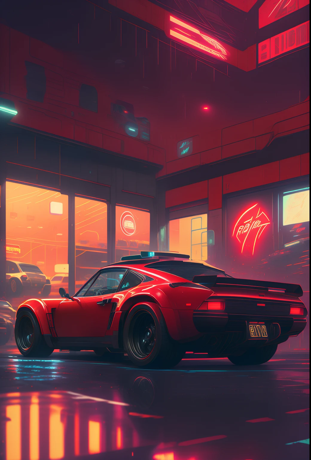there is a red car parked in a parking lot at night, red and cinematic lighting, cinematic neon matte painting, highly detailed hyper real retro, cyberpunk night street, dan mumford. 8 k octane render, cyberpunk garage on jupiter, dan mumford. octane render, cyberpunk streets at night, cyberpunk art ultrarealistic 8k, in the art style of filip hodas