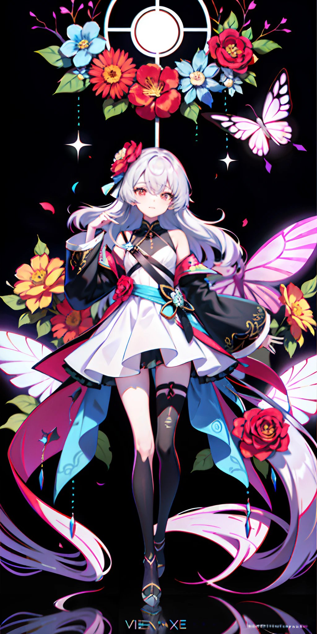maximalism artstyle、neon theme、、Suprematism、Beautiful detailed flowers、Hyper-detailing、florals、hyper quality、Flowers and hair are the same color、beautifuly color、faces、Her hair is flowers、florals、The hair、florals、butterflys、、1girlkawaii、、、high detal、hightquality、back lighting、Hair and clothes are flowers、The upper part of the body、hightquality、Body hair、webbed dress、The upper part of the body、Flower leg、 flower hands、Flowers and body、Clothes and flowers、Dresses with flowers、、Particles of light、black backgrounds、hair with flower、Small breasts with flowers、Flowers and floating hair、1girl floating、tiny chest、Marbling with hair and clothes、looking at viewert、original、Lower your arms、paper cutting、black backgrounds、flowers background、hair with flower、hair with flower、hair with flower、hair with flower、The hair、hair wavy、diffuse lighting、Abstract、Butterfly with body、Hair and flowers、Her hair is flowers、Large top sleeve、float、[[Hair above one eye]]、murky (magazine:1.3), (cover-style:1.3), Fashionable, femele, with a vibrant, outfits, the pose, the front, Colorful, Dynamic, Background with, element, I'm confident, expresive, ngel, statement, accessorized, An majestic, coiled, surroundings, touch, The scene, Texto, covers, It's bold, captures the attention, titles, stylish, font, Catchy, headline, The large, impressive, moderno, Trendy, focus, lo fashion,