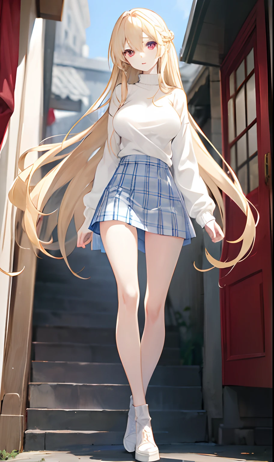 Long, flowing light blonde hair, ruby eyes, (1girl) slim body, big breasts, beautiful face, smooth, white skin, Wearing a white long-sleeved sweater and a blue checkered short skirt