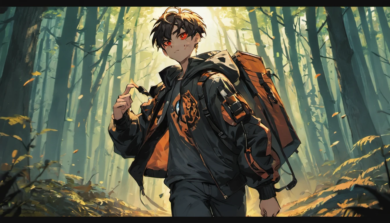 Wallpaper desktop (4k) boy 17 years old carry kriss vector wearing a jacket carryinh a bag use headsets walking in the forest facing back
