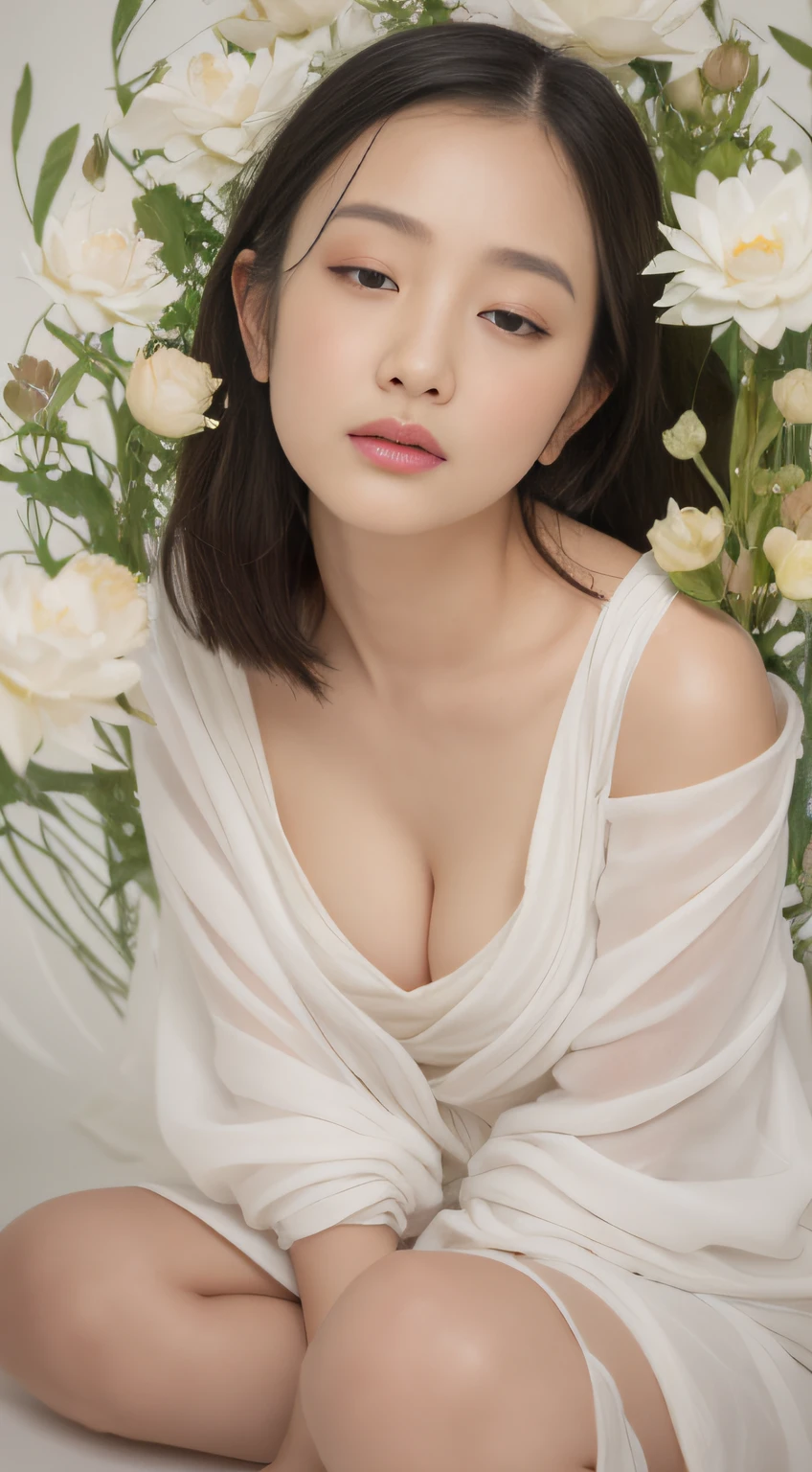 Guanyin sitting lotus,(Guanyin Bodhisattva),Pudu sentient beings, The embodiment of grief,Buddhist deities,1 milf,(Pregnant mom),Nankai Dojo,White silk robe,white legwear,white ribbons,White veil,pale white face,Long dark hair,Black pupils,Meditate cross-legged,((super gigantic breasts)), mothers,((Minimalist style,White lotus background)),Buddhist disciples,Rescue the suffering,infinitely merciful,Pudu sentient beings,Extremely solemn ,Listen to the faithful in the temple,Golden pupils,White skin of the,Meditate cross-legged,Nothing to want,Create an atmosphere of holiness,Large photophase,Panlong bun,The mana is boundless,Ancient Chinese aristocracy, beautifullegs,Ornate ancient Buddhist decorations,(Lots of fine white lotus ornaments),Perfect flesh full of texture, , Scorching rendering, jaw dropping, Captivating visual treat,((best qualtiy)), ((tmasterpiece)),MAXIMUM DEFINITION、Many-Layer Textures ,ultra-detailliert, illustratio,(Super detailed face),(s the perfect face), Clear texture, finely detailed textures, Ultra HD detail display, Excellent image performance,High-quality illustrations,Perfect fit and harmonious tones,Deep lines,Precise brushstrokes,It has a strong three-dimensional sense and delicate wearing feeling,Wonderful color scheme,intricately details