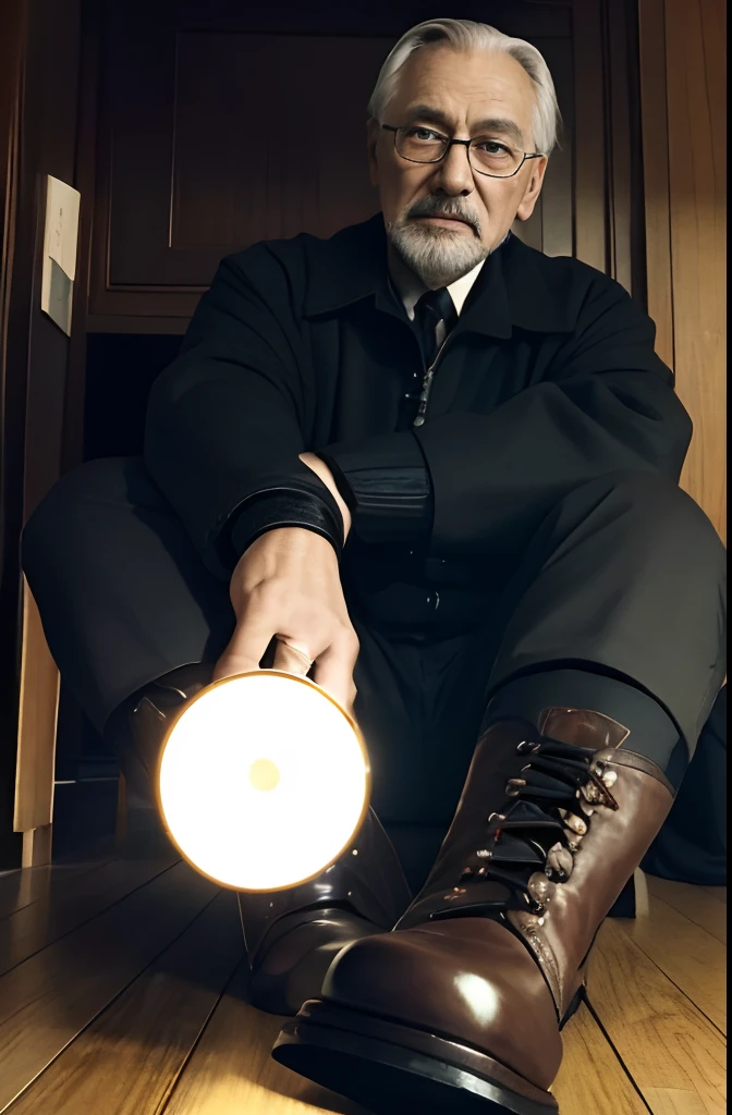 with a goatee，Old gentleman in black riding boots，Show off his boots，The light source is in the upper left corner。