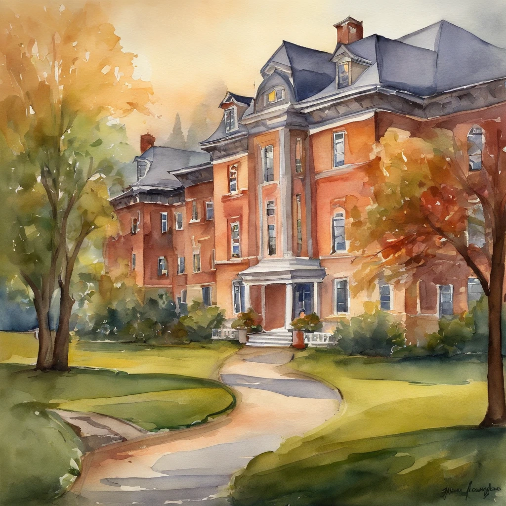 A serene campus dormitory on a quiet evening