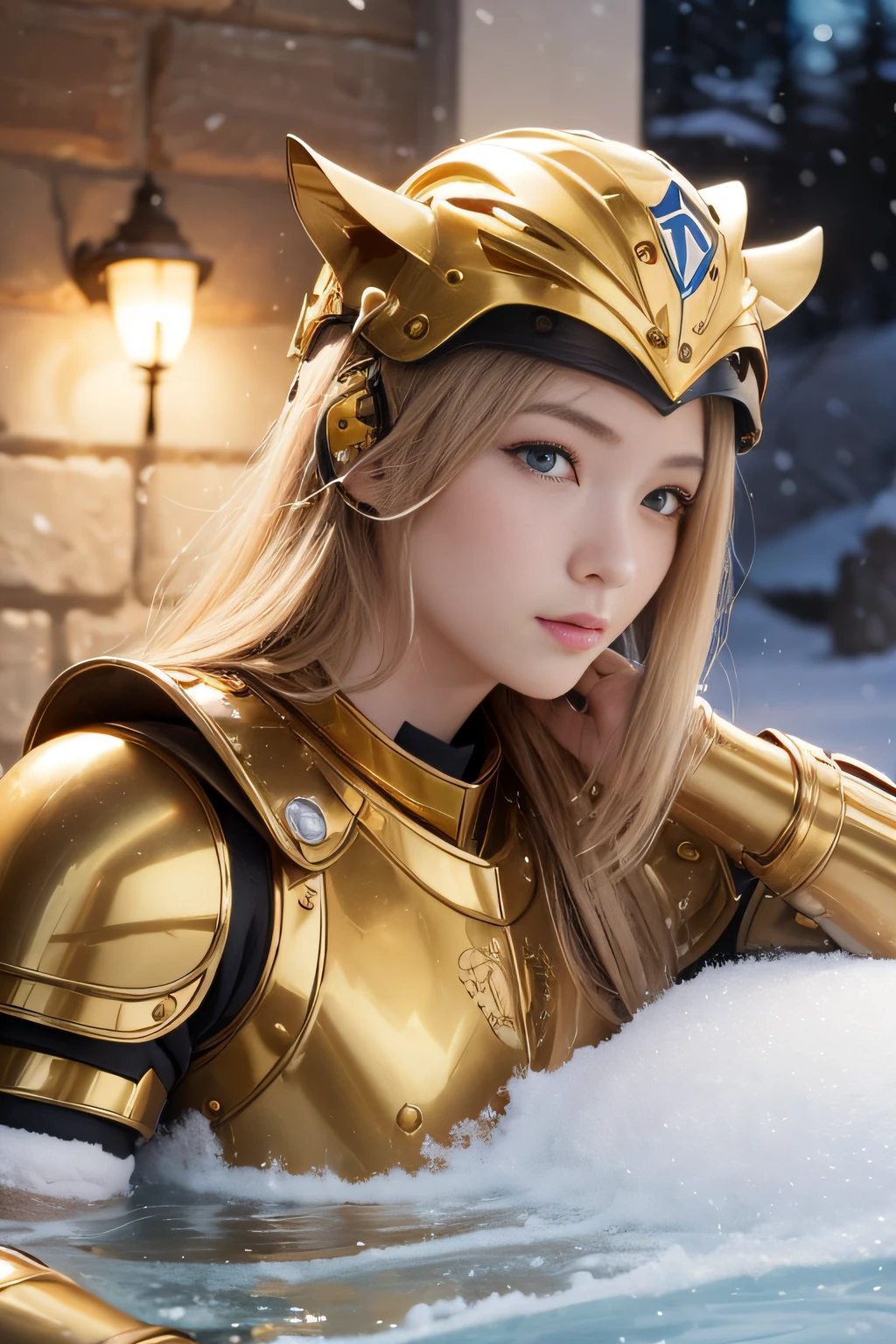best qualtiy、masutepiece、超A high resolution、(Photorealistic:1.4)、(Underwater face:1.2)、infp young woman、modeled、small head、a small face、blonde hair、(Decorated night helmet covering the ears:1.3)、(Richly decorated golden full-body armor:1.3)、Stay with the Snow Monkey、wide Shots、Appearance without makeup、smil、Open-air bath in winter、By Michelangelo