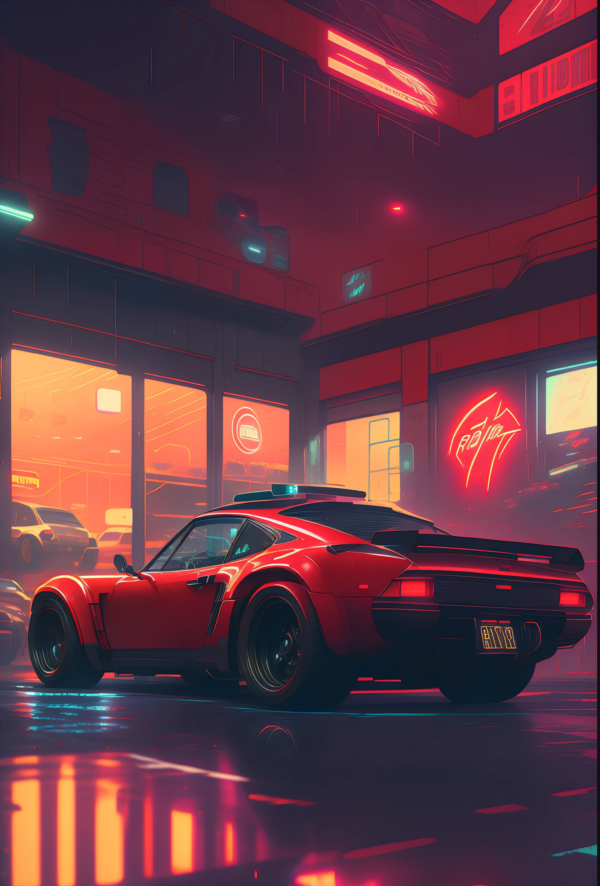 there is a red car parked in a parking lot at night, red and cinematic lighting, cinematic neon matte painting, highly detailed hyper real retro, cyberpunk night street, dan mumford. 8 k octane render, cyberpunk garage on jupiter, dan mumford. octane render, cyberpunk streets at night, cyberpunk art ultrarealistic 8k, in the art style of filip hodas