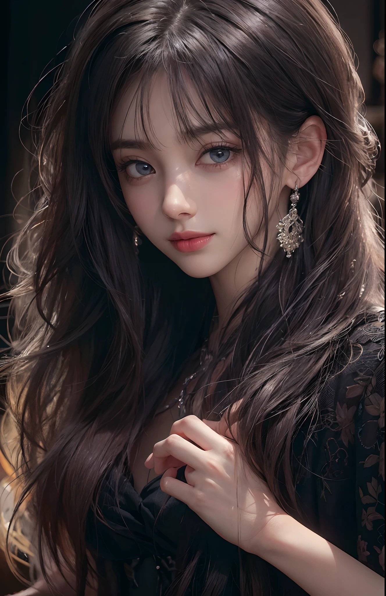 A girl with bared shoulders standing in darkness, with deep shadows and cool tones. The image should be of best quality and considered a masterpiece, with ultra-high resolution and a realistic rendering at 1.4 strength. The photograph should be an original, capturing the understated beauty of the girl. The focus should be on the girl's detailed facial features, including her expressive eyes, delicate nose, and luscious lips. The lighting should be dramatic, casting intriguing shadows that enhance the mysterious atmosphere.