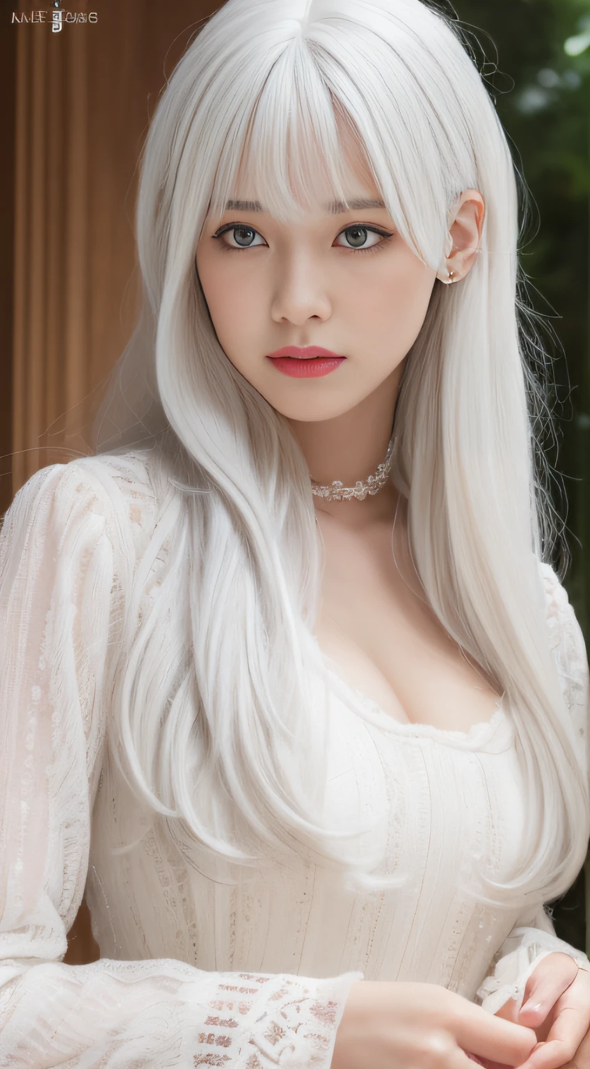 (absurdres, highres, ultra detailed), 1girl, solo, mature, (very long hair, white hair, bangs:1.4), Baroque, long dress, long sleeve, elegant, colorful, highest detailed, upper body