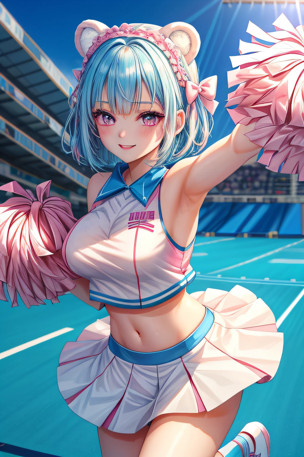 (Photorealistic:1.8, highest quality:1.8,8K masterpiece:1.8,High resolution,Mastepiece:1.8,RAW Photos,Cinematic lighting),No split screen、Stadium、Miniskirt Cheerleader、cameltoe、Back view、Angle from below、Buttocks up、
(Real skin texture:1.3)、(Blue hair, pigtails)、Woman's Costume（choker）、Crotch close-up、Spread the genitals、((Perfect female body))、
(Beautiful expression、A rich expression、Open your mouth and cheer、A big smile:1.4)、
Beautiful Face、Beautiful Eyes、Esbian all over、(Random Sexy Poses:1.3、thrust one&#39;s hips upward、Stick your hips out to the camera:2.3)、cameltoe、(Immersive atmosphere、Chiaroscuro:1.5、Bright light:1.2、Bright lighting)、Realistic:1.3、Long Shot、The woman is naked、woman is nude、Adult video shoot