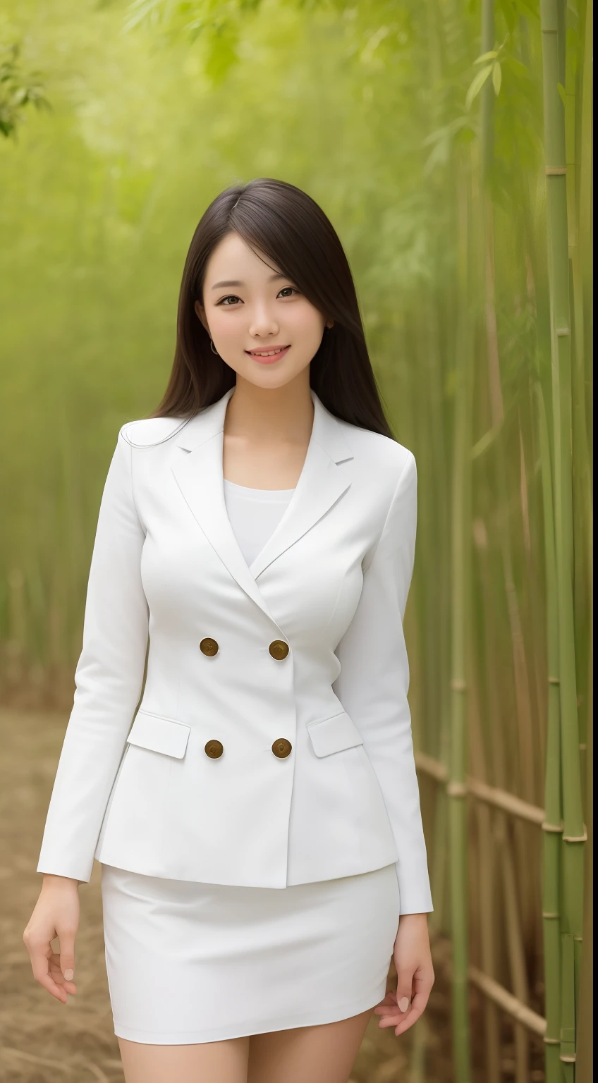 A smiling girl,While wearing a white Business suits,White tight skirt,Standing inside a bamboo forest,Side view,The hips are high,com rosto detalhado,The eyes are delicate,The photo quality is the best,Realistic image quality,Background diffuse lighting,Depth of field display。