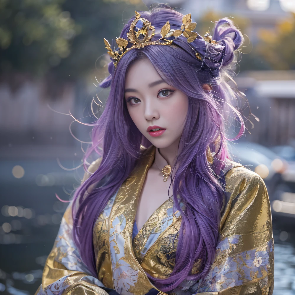 Genki Girl 32K(tmasterpiece,k hd,hyper HD,32K)Long flowing bright purple hair,Autumn Pond,zydink, a color, Asian people (Genki girl), (Silk scarf), Combat posture, looking at the ground, long whitr hair, Floating bright purple, Fire cloud pattern gold tiara, Chinese long-sleeved gold silk garment, (Abstract metaverse splash:1.2), white backgrounid,Lotus vitality protector(realisticlying:1.4),Bright purple hair,Smoke on the road,The background is pure, A high resolution, the detail, RAW photogr, Sharp Re, Nikon D850 Film Stock Photo by Jefferies Lee 4 Kodak Portra 400 Camera F1.6 shots, Rich colors, ultra-realistic vivid textures, Dramatic lighting, Unreal Engine Art Station Trend, cinestir 800,A girl with long flowing bright purple hair