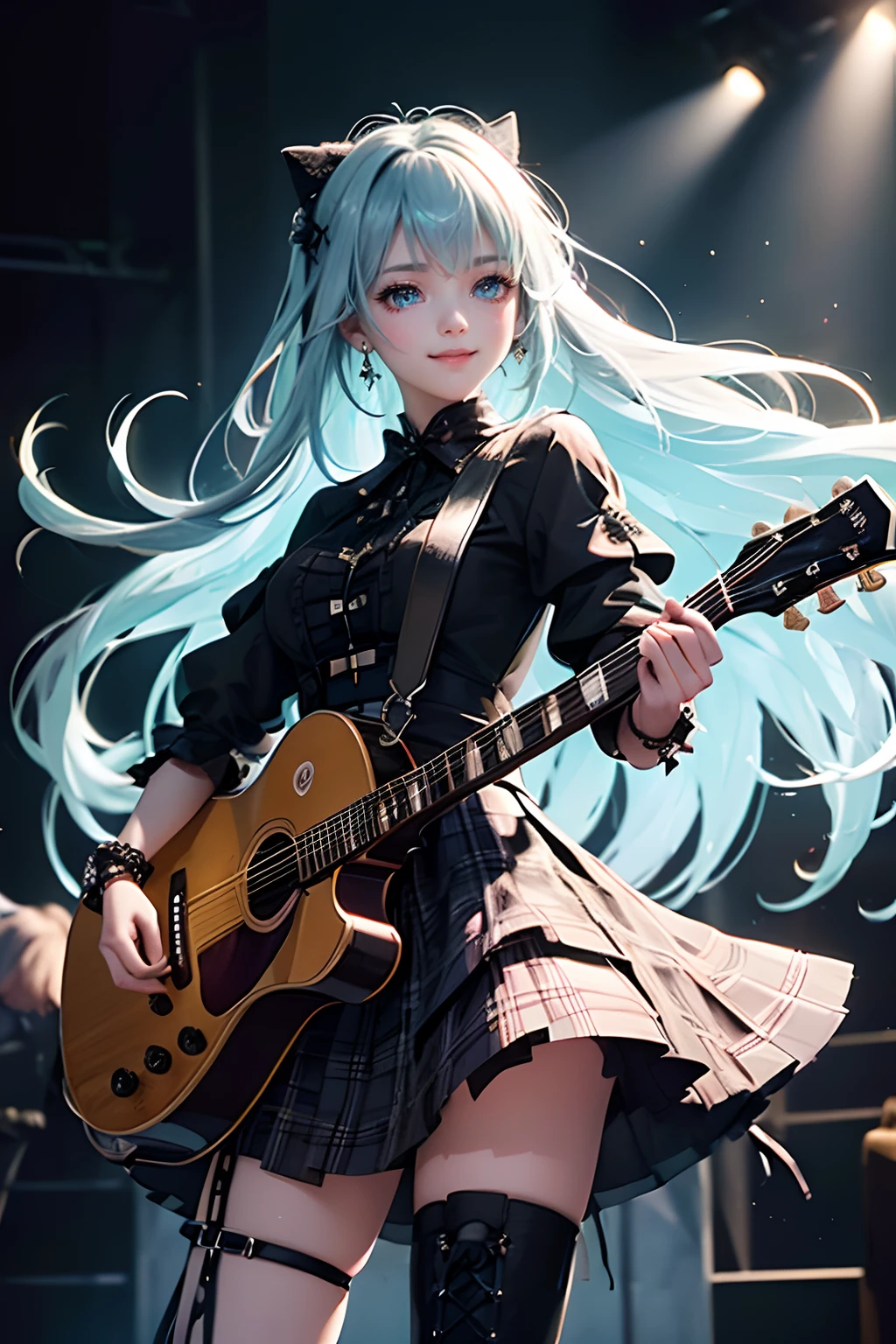 ((Rock Girl)),(2 girls),(Gingham Plaid)、(Punk Gothic Dresses),(Tartan Plaid), ((Stage Background)), ((ultra-definition)), ((Best Illustration)), ((cinematlic lighting)), dynamic ungle, floating, (brilliance:1.2)、Classic、(painted:1.1)、(Sketched:1.1)、(top-quality)、(​masterpiece:1.2)、(Anime style)、(独奏)、Beautiful Detail Face、(Cute face:1.3)、(big eye:1.3)、colourful hair、(length hair:1.2)、(Floating hair:1.2)、、detailed costume、(Cute black boots:1.1)、(Transparent substrate:1.1)、(shimmer:1.2)、(Glow:1.2)、(brilliance:1.2)、(A smile:1.2)、(Gingham Plaid)、(Particle:1.3)、(Guitar)