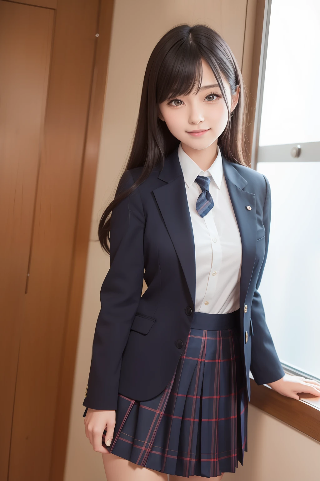 masutepiece, Super Detail, High quality, awardwinning, 8K, (girl), Solo, Smiling, japanese hight school uniform, (All formal jackets are dark navy blue), White shirt, short tie, Short skirts are plaid, Theme color is dark navy, Standing, Half body shot, Portrait Style