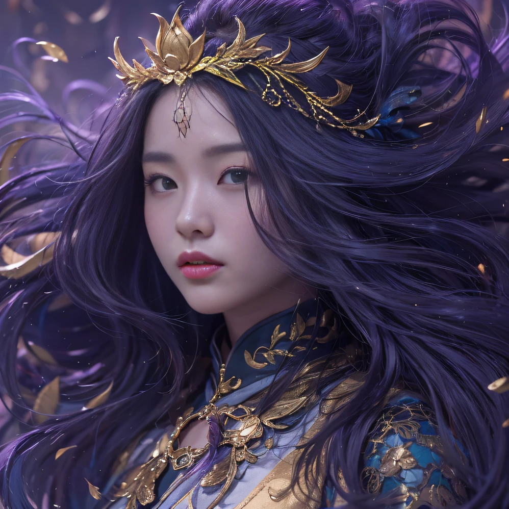 Genki Girl 32K（tmasterpiece，k hd，hyper HD，32K）Long flowing bright purple hair，Autumn Pond，zydink， a color，  Asian people （Genki girl）， （Silk scarf）， Combat posture， looking at the ground， long whitr hair， Floating bright purple， Fire cloud pattern gold tiara， Chinese long-sleeved gold silk garment， （Abstract metaverse splash：1.2）， white backgrounid，Lotus Vitality Protector（realisticlying：1.4），Bright purple hair，Smoke on the road，The background is pure， A high resolution， the detail， RAW photogr， Sharp Re， Nikon D850 Film Stock Photo by Jefferies Lee 4 Kodak Portra 400 Camera F1.6 shots, Rich colors, ultra-realistic vivid textures, Dramatic lighting, Unreal Engine Art Station Trend, cinestir 800，A girl with flowing bright purple long hair