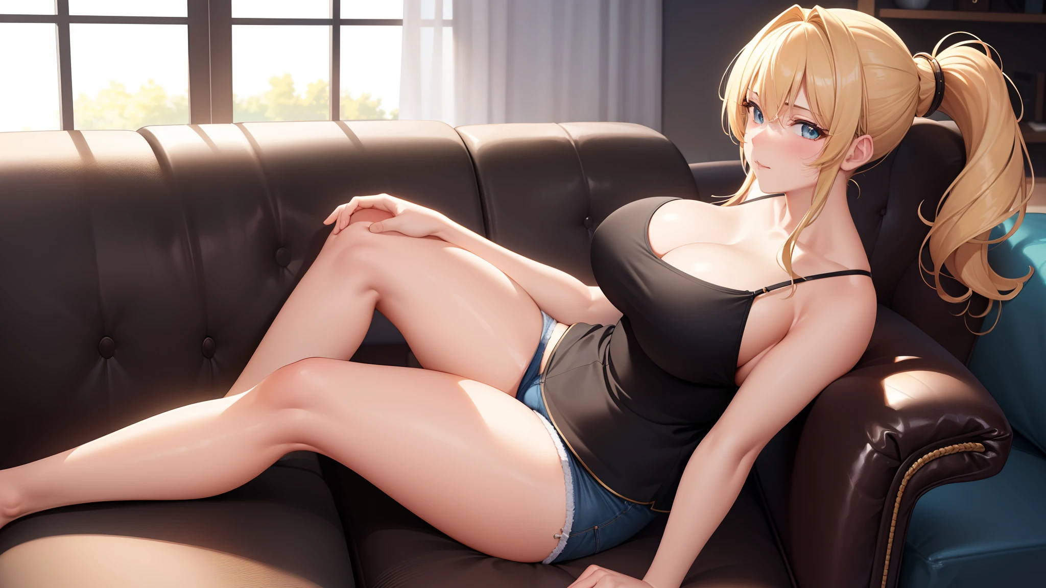 (close shot, best quality:1.5, highres, UHD, 4K, detailed lighting, shaders), blonde ponytail, large breasts, camisole, shorts, thighs, sitting on couch, (pov)