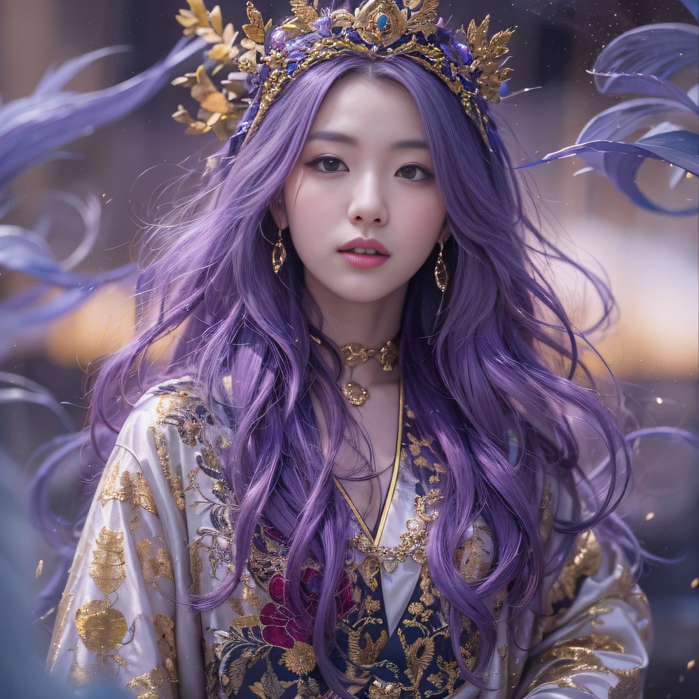 Genki Girl 32K(tmasterpiece,k hd,hyper HD,32K)Long flowing bright purple hair,Autumn Pond,zydink, a color, Asian people (Genki girl), (Silk scarf), Combat posture, looking at the ground, long whitr hair, Floating bright purple, Fire cloud pattern gold tiara, Chinese long-sleeved gold silk garment, (Abstract metaverse splash:1.2), white backgrounid,Lotus Vitality Protector(realisticlying:1.4),Bright purple hair,Smoke on the road,The background is pure, A high resolution, the detail, RAW photogr, Sharp Re, Nikon D850 Film Stock Photo by Jefferies Lee 4 Kodak Portra 400 Camera F1.6 shots, Rich colors, ultra-realistic vivid textures, Dramatic lighting, Unreal Engine Art Station Trend, cinestir 800,A girl with flowing bright purple long hair