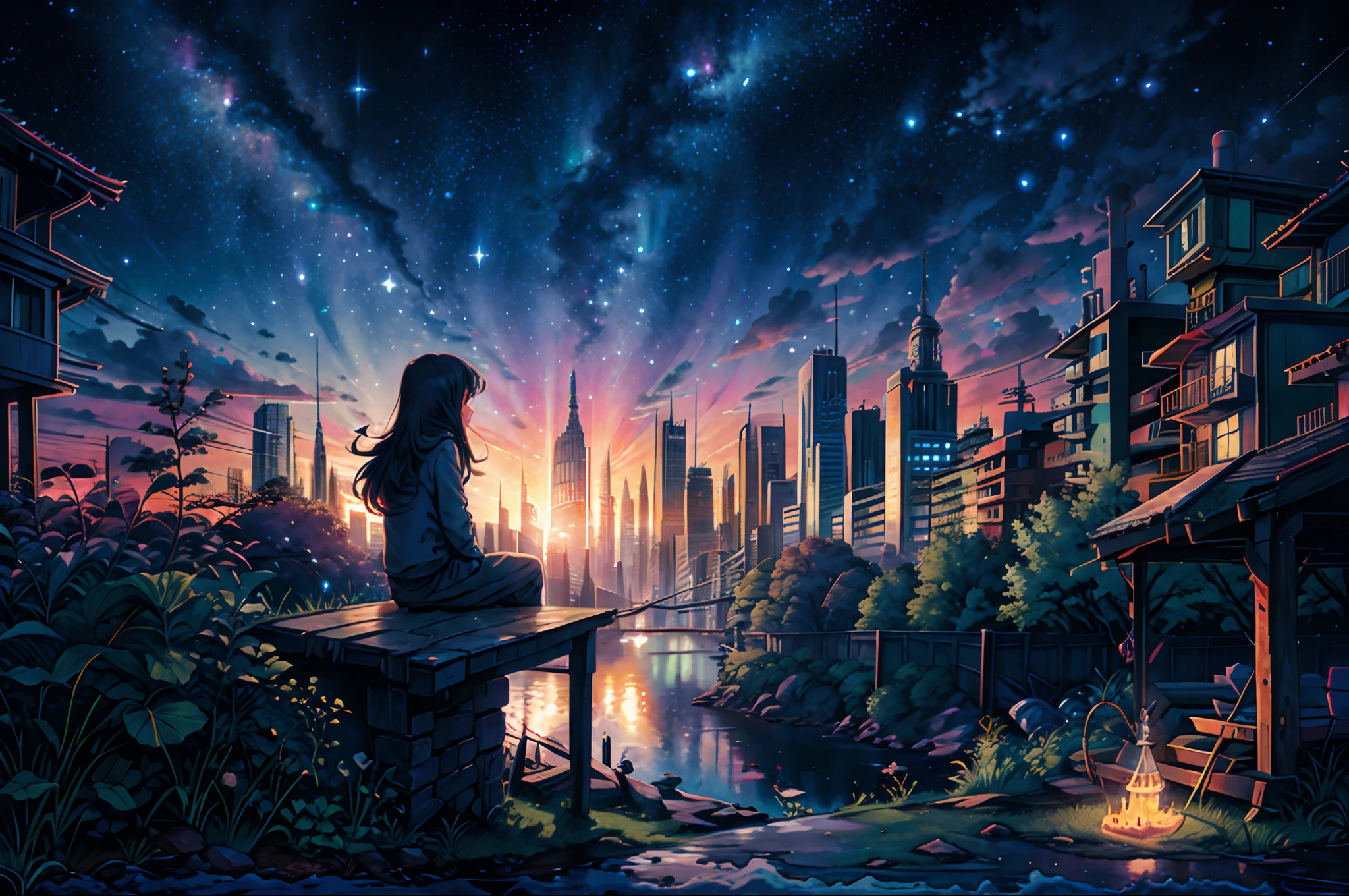 octane, sky, star (sky), landscape, starry sky, night, only child, night sky, solo, outdoor, signature, building, clouds, milky way, sitting, tree, long hair, city, silhouette, cityscape