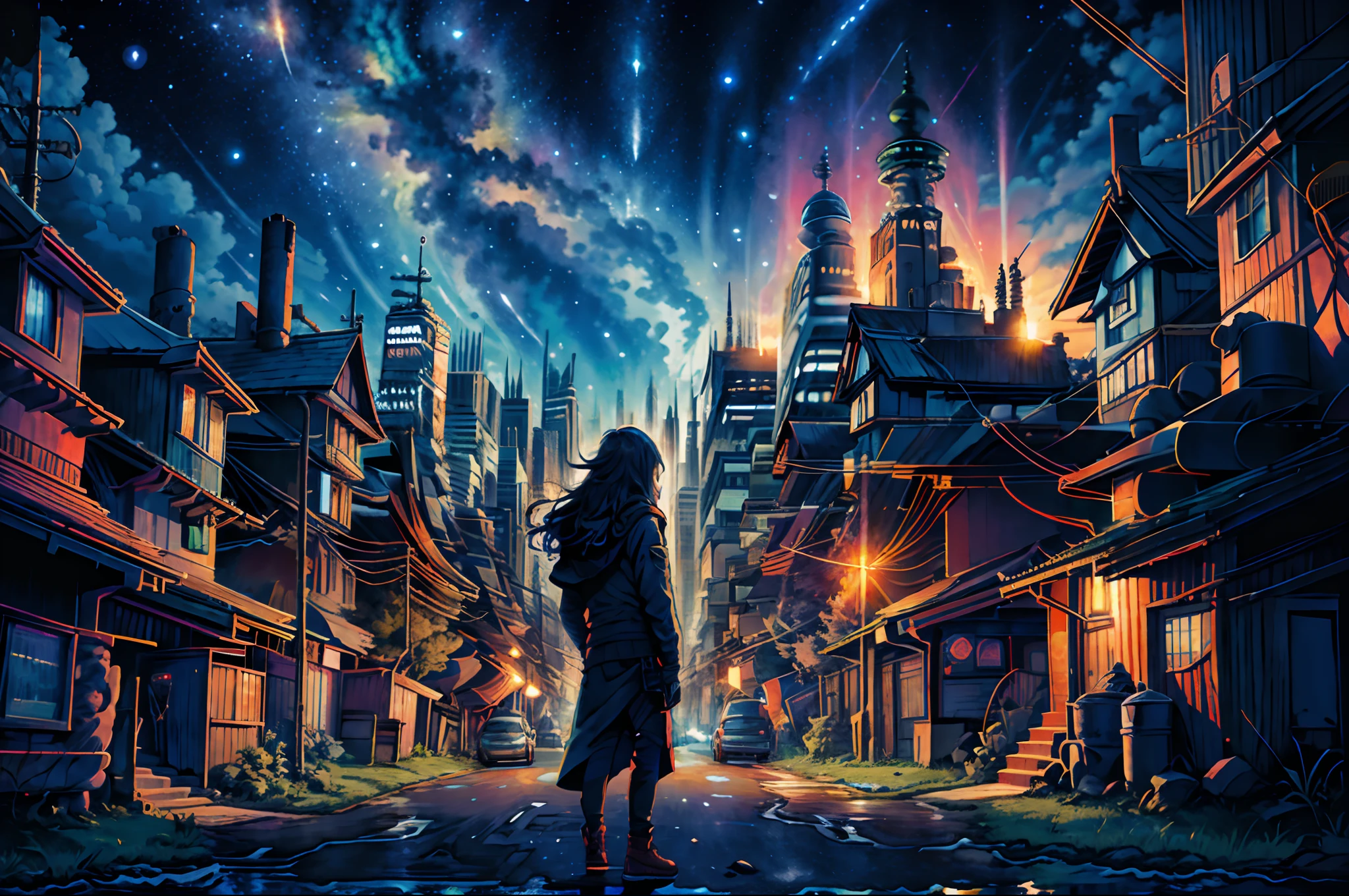octane, sky, star (sky), landscape, starry sky, night, only child, night sky, solo, outdoor, signature, building, clouds, milky way, sitting, tree, long hair, city, silhouette, cityscape