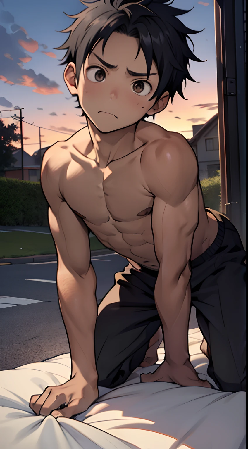 (masutepiece, Best Quality),The whole body of the boy,(younge boy),teenager face,posterior view,Body tilt,delicate big eyes,Open your eyes,,smooth and delicate skin,Short square face,Surprised expression,infancy,young age,short round face,Flat chin,finely detaild face,well-muscled,short bright black hair,with an intricate,nakeness,(backbone:1.2),the night,vivd colour,(depth of fields:1.2),Raised sexy,Lie face down,Bedrooms,