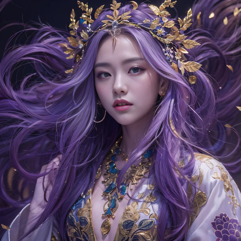 Cornmeal glass 32K(tmasterpiece,k hd,hyper HD,32K)Long flowing bright purple hair,Autumn Pond,zydink, a color, Asian people (Kizi), (Red scarf), Combat posture, looking at the ground, long whitr hair, Floating bright purple, Fire cloud pattern gold tiara, Chinese long-sleeved gold silk garment, (abstract ink splash:1.2), white backgrounid,Lotus protector(realisticlying:1.4),Bright purple hair,Smoke on the road,The background is pure, A high resolution, the detail, RAW photogr, Sharp Re, Nikon D850 Film Stock Photo by Jefferies Lee 4 Kodak Portra 400 Camera F1.6 shots, Rich colors, ultra-realistic vivid textures, Dramatic lighting, Unreal Engine Art Station Trend, cinestir 800,Long flowing bright purple hair