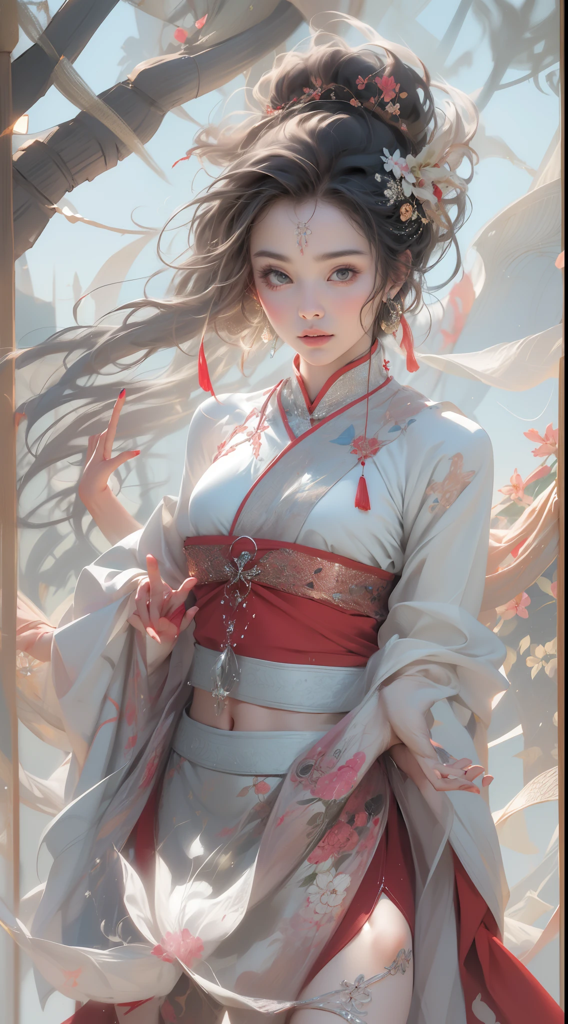 NSFW, zhongfenghua, 1girll, Solo, Hanfu, Ancient_Chinese_architecture, flower field, Blossom, (White smoke:1.3) (Photorealistic:1.4), zentangle, mandalas, entangle, offcial art, Unity 8k wallpaper, Ultra detailed, Beautiful and aesthetic, Masterpiece,Best quality, (Dynamic Angle:1.4), Glowing skin, (floating colorful sparkles:1) chaos, elegant, vivd colour, romanticism Depth of field exotic_Dance, Half_Naked