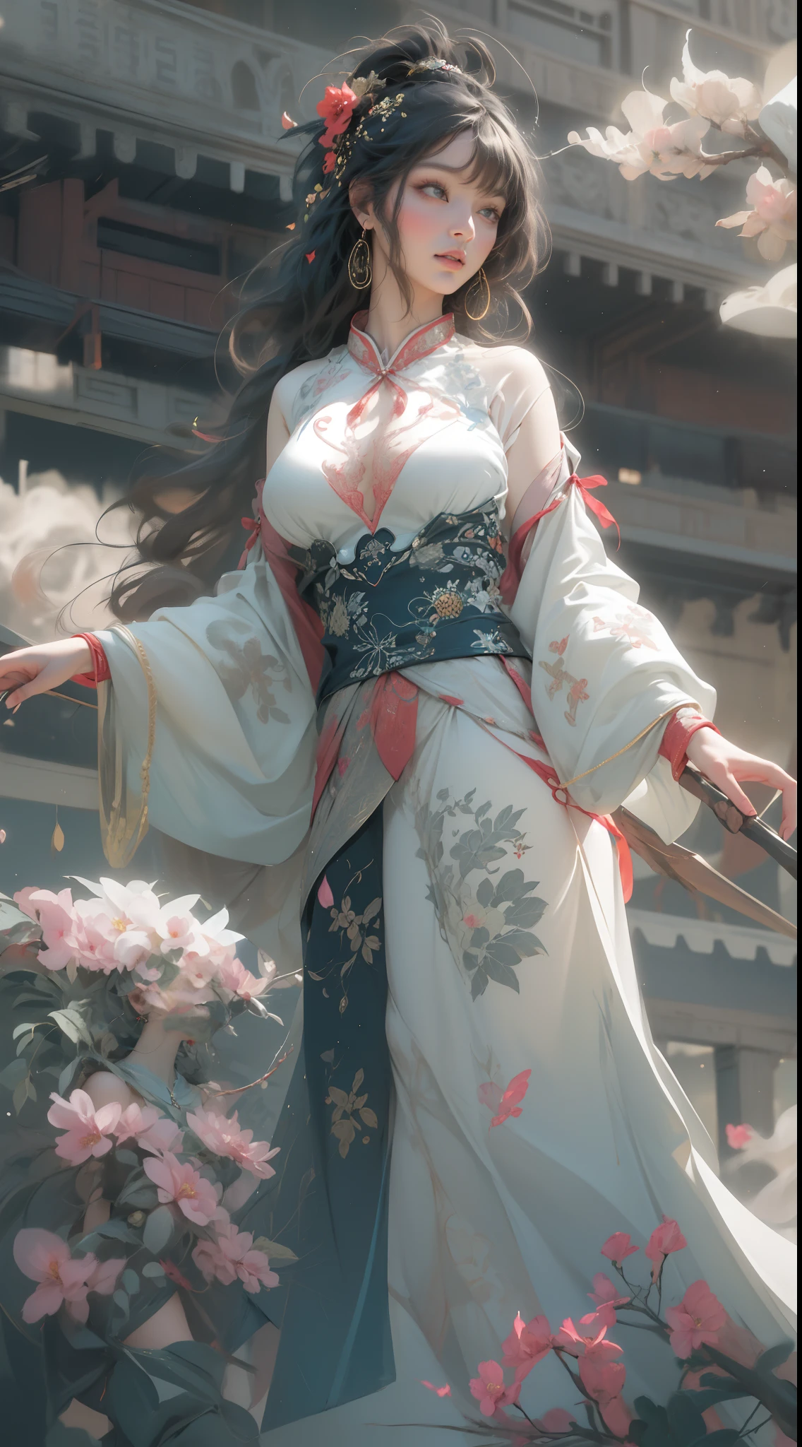 NSFW, zhongfenghua, 1girll, Solo, Hanfu, Ancient_Chinese_architecture, flower field, Blossom, (White smoke:1.3) (Photorealistic:1.4), zentangle, mandalas, entangle, offcial art, Unity 8k wallpaper, Ultra detailed, Beautiful and aesthetic, Masterpiece,Best quality, (Dynamic Angle:1.4), Glowing skin, (floating colorful sparkles:1) chaos, elegant, vivd colour, romanticism Depth of field exotic_Dance, Half_Naked
