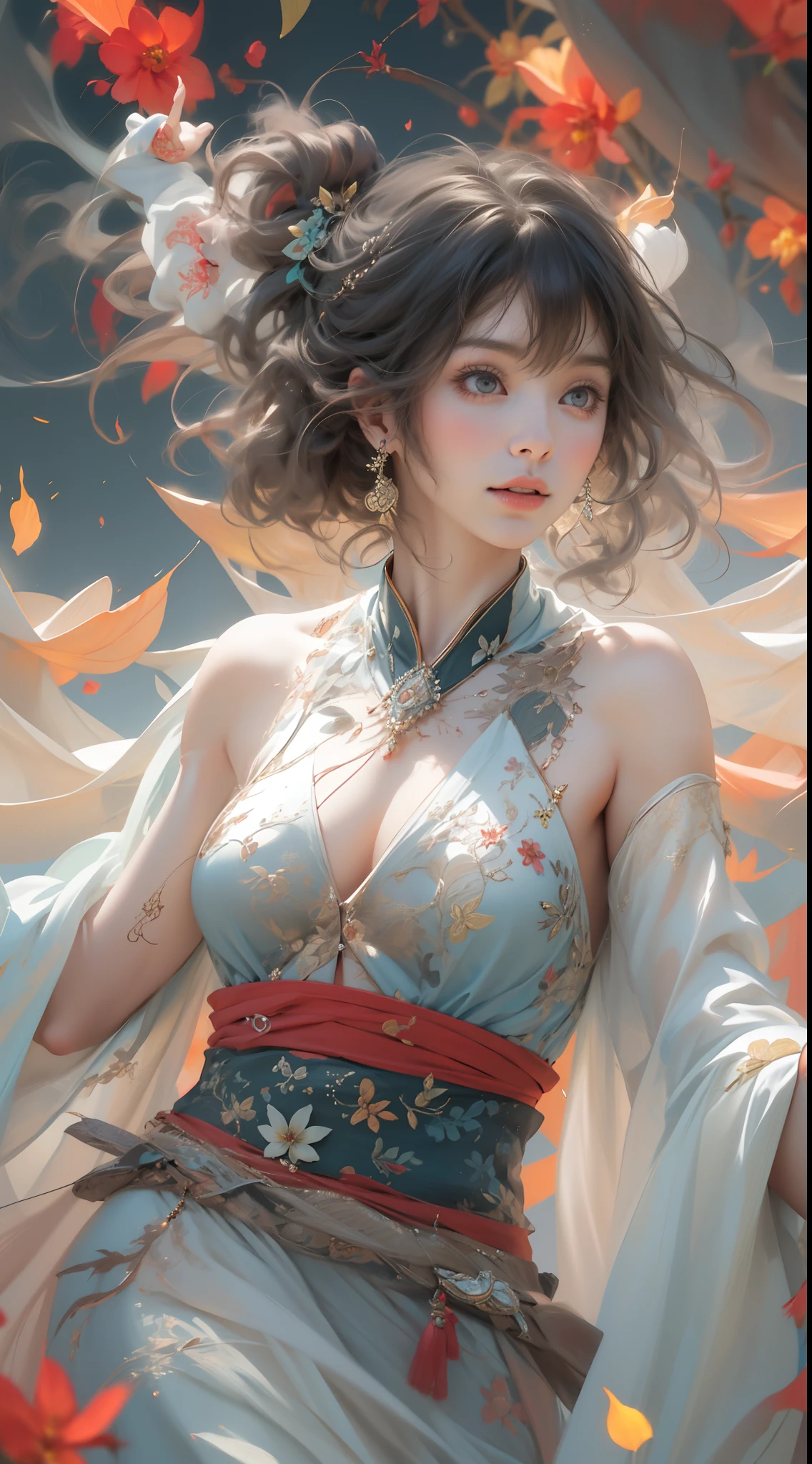 NSFW, zhongfenghua, 1girll, Solo, Hanfu, Ancient_Chinese_architecture, flower field, Blossom, (White smoke:1.3) (Photorealistic:1.4), zentangle, mandalas, entangle, offcial art, Unity 8k wallpaper, Ultra detailed, Beautiful and aesthetic, Masterpiece,Best quality, (Dynamic Angle:1.4), Glowing skin, (floating colorful sparkles:1) chaos, elegant, vivd colour, romanticism Depth of field exotic_Dance, Half_Naked