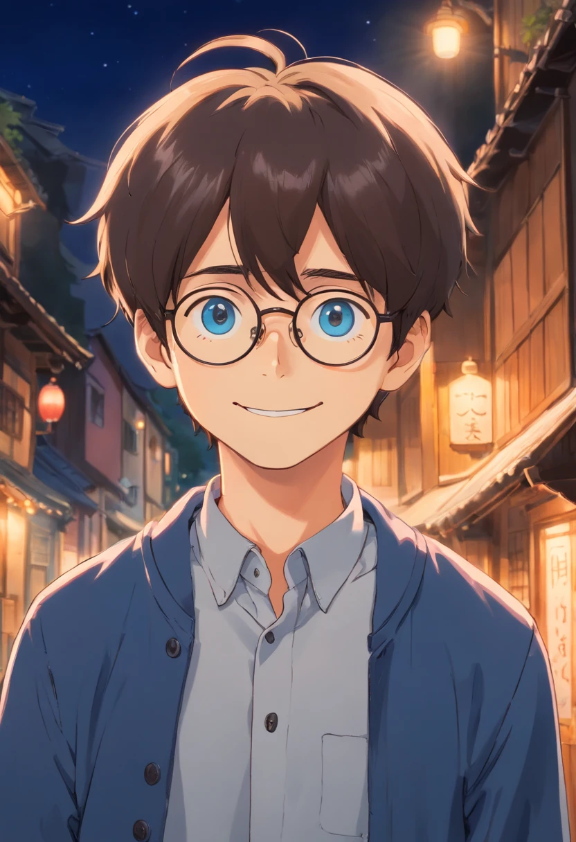 A boy wearing glasses with no beard and medium length low fade hair with deep blue eyes and a nice smile
