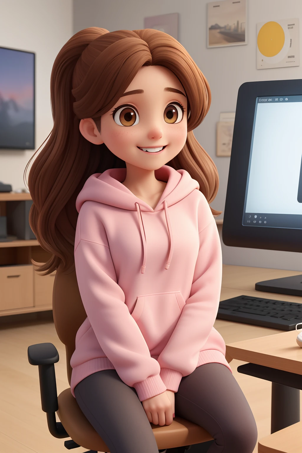 a 42-year-old woman with long brown hair, brown hairstyles, Round face, small, wearing a pink hoodie, Sitting on a computer chair and laughing，The background is various game elements，Presenting a toy style of blind box，Skin texture is bright,HD Super Resolution reaches Ultra HD and retinal level，Beautiful and delicate image quality brings wonderful visual effects，Become a beautiful masterpiece。