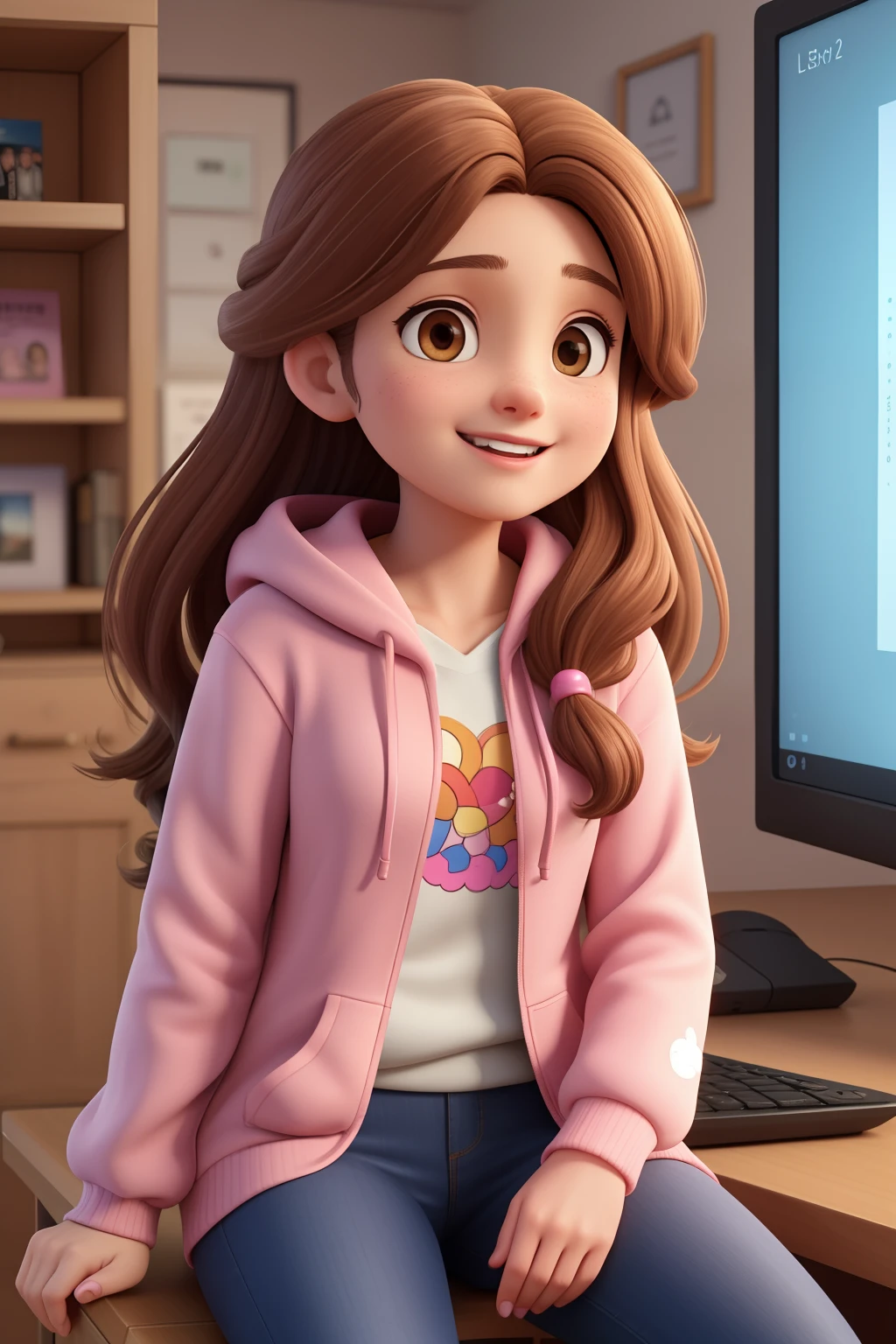 a 42-year-old woman with long brown hair, brown hairstyles, Round face, small, wearing a pink hoodie, Sitting on a computer chair and laughing,The background is various game elements,Presenting a toy style of blind box,Skin texture is bright,HD Super Resolution reaches Ultra HD and retinal level,Beautiful and delicate image quality brings wonderful visual effects,Become a beautiful masterpiece。