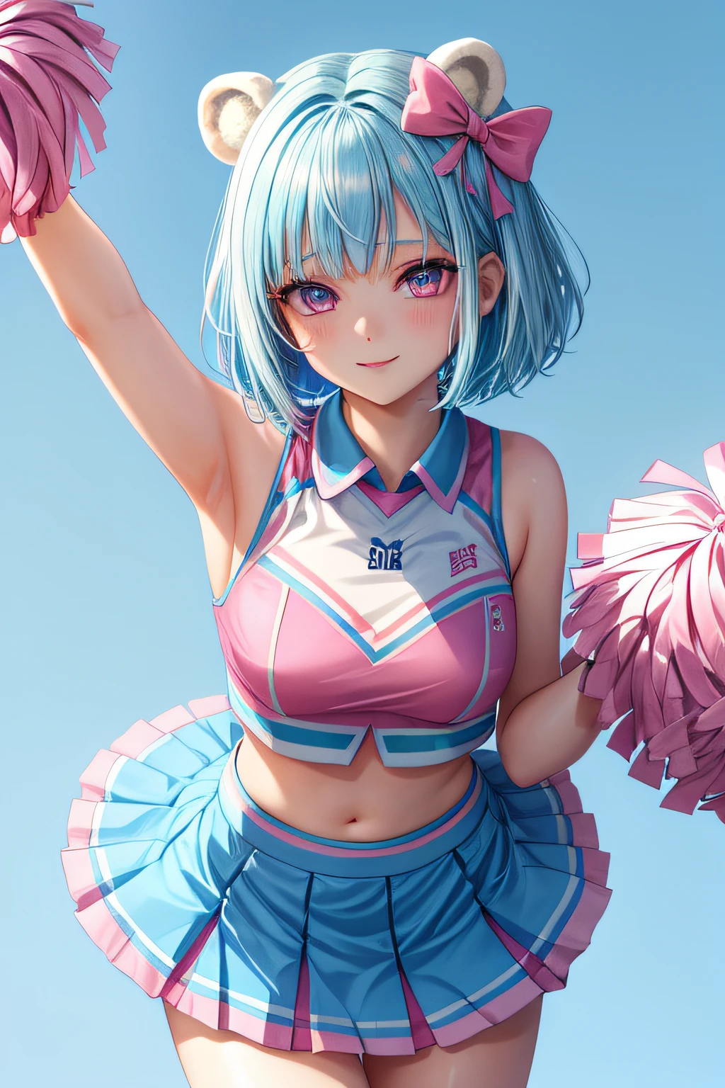​master piece, Best Quality, High resolution, Ultra-detailed, 1girl in, early teen, ((Pale blue hair and pink eyes)), (cheer girl:1.5), Fluffy animal ears, Bangs, Short hair, Bow, Hair Bow, Pale blue bow, sano, Best Smile, Polar bear ears, bob cuts, school ground , Pink hair and pale blue eyes, Looking up angle