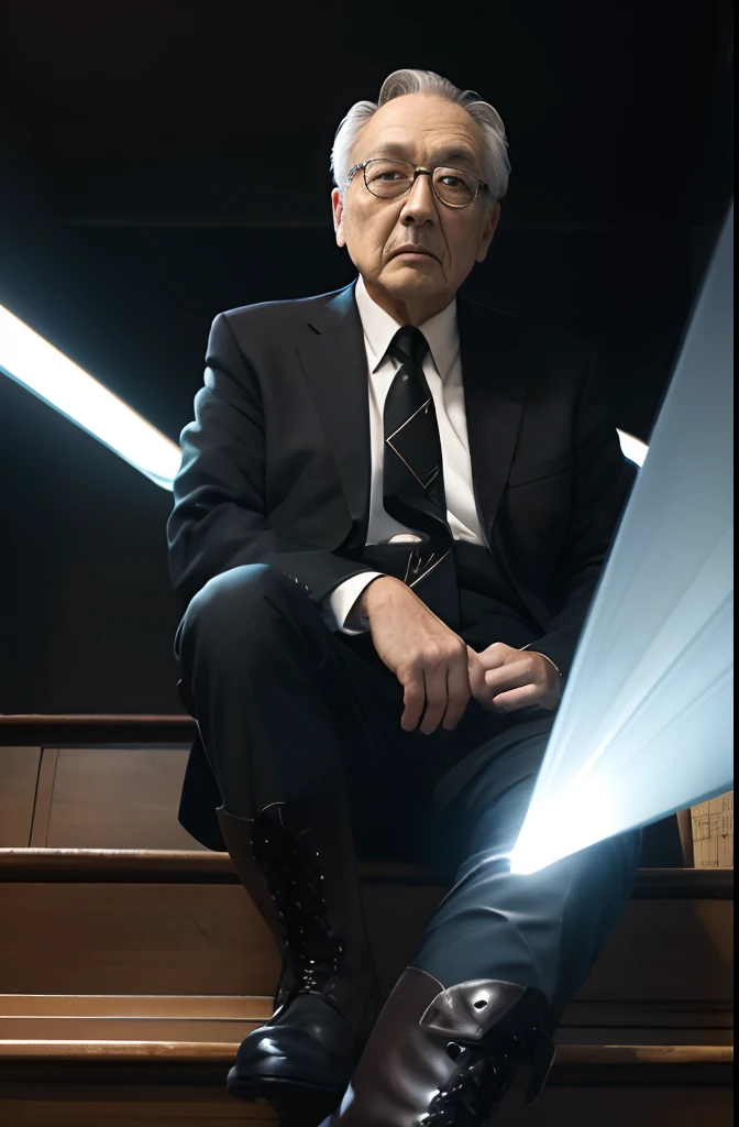 with a goatee,Old gentleman in black riding boots,Show off his boots,The light source is in the upper left corner。