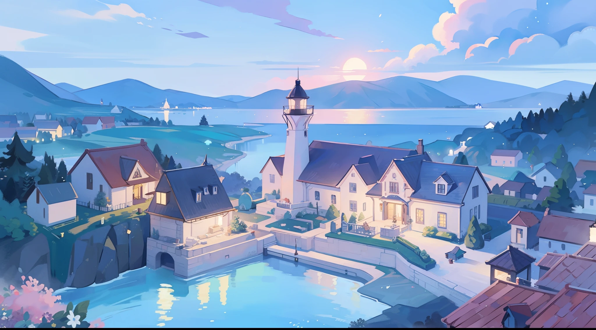 ((picture book illustration)), ocean fantasy, watercolor illustration, whimsical, moonlight pink purple blue colors, village, houses, huge lighthouse, ((masterpiece)), highly detailed environment