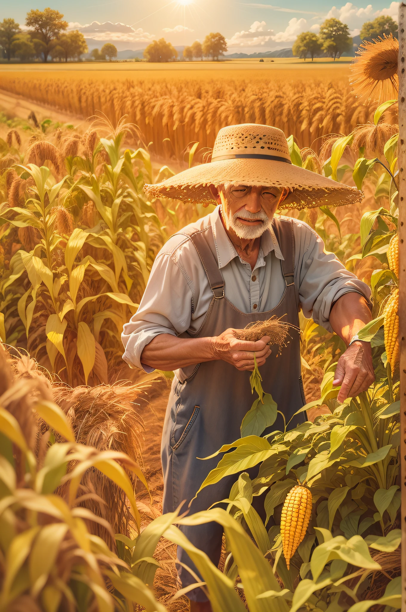 OLD man harvesting wheat. smoking pot