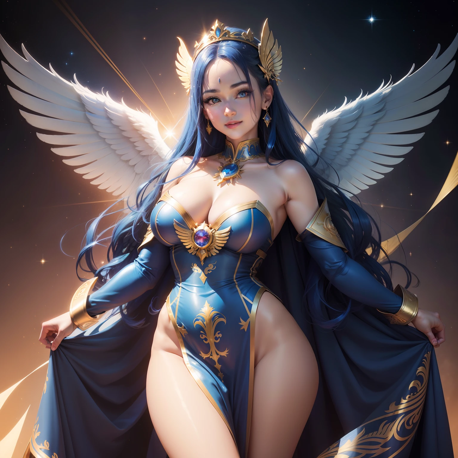 ultra realistic pictures. super fine art. super detail, micro expression detail. light smile. proportional pose, sexy girl, super beautiful, proportional face. charming girl in Greek ancient royal blue robe costume, archangel, blue hair, giant wings angel, golden magenta, golden aura, magenta flame, universal logos, sparkling diamond dust. interstellar background, UHD, 8k