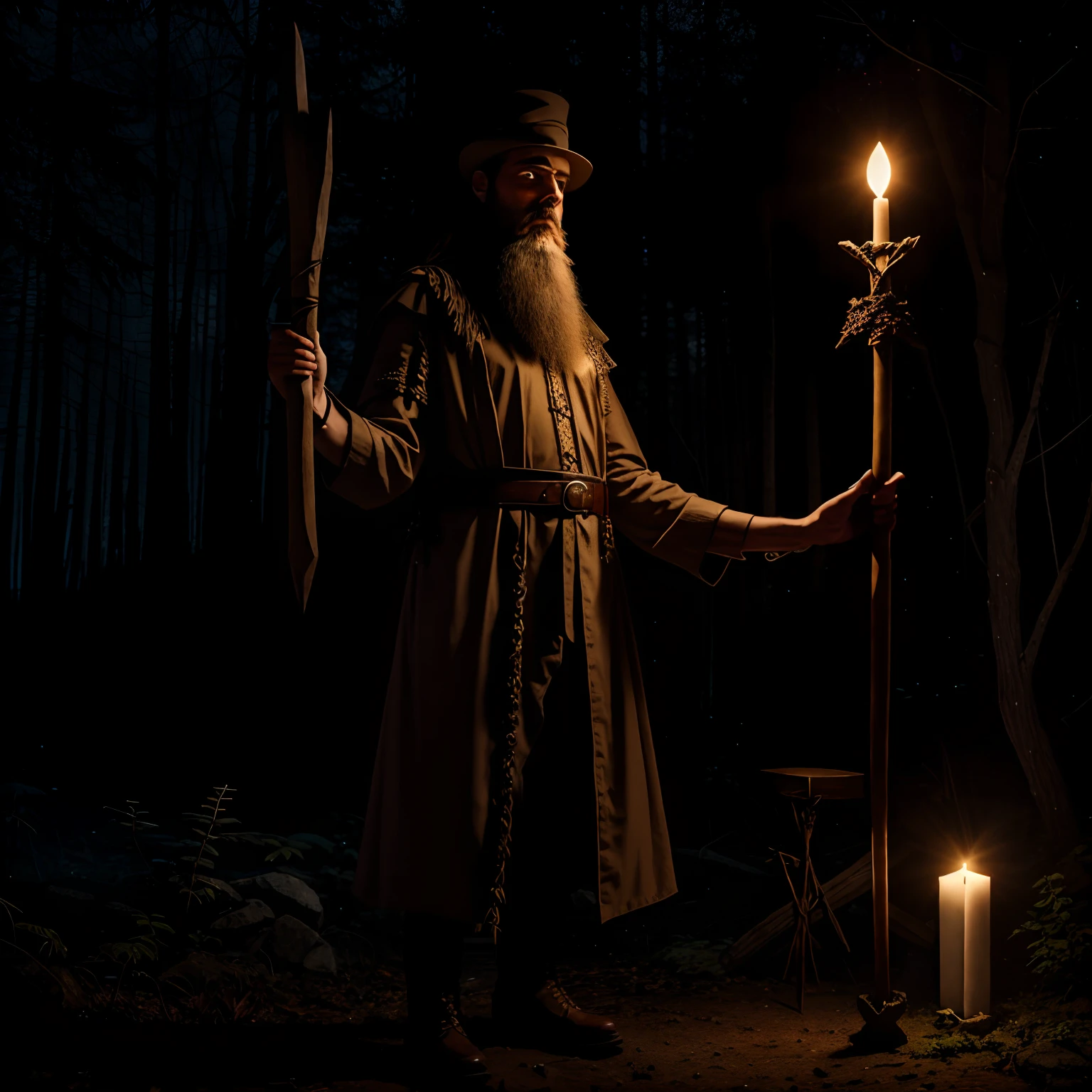 Model
Experience
Bearded man, dressed in a beige gothic costume, decorated with runes; , In his hand, He holds a magic staff with a precious stone , He stands at full height against the background of a night glade ,In the clearing next to him stands an altar , His boots are visible , Front light , Unusual decorated altar.