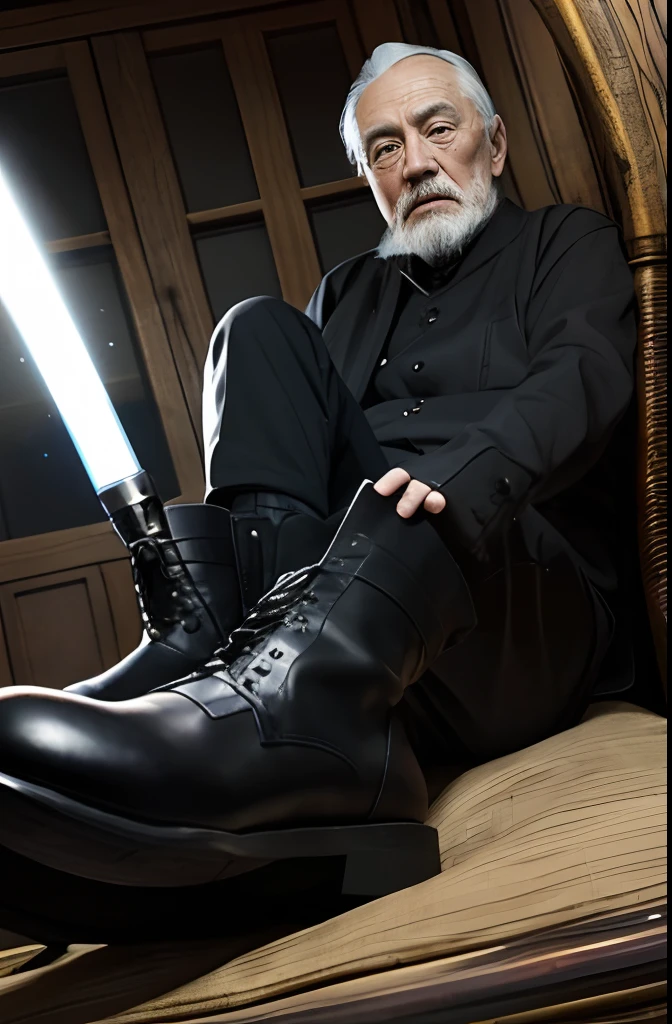 with a goatee，Old gentleman in black riding boots，Show off his boots，The light source is in the upper left corner。