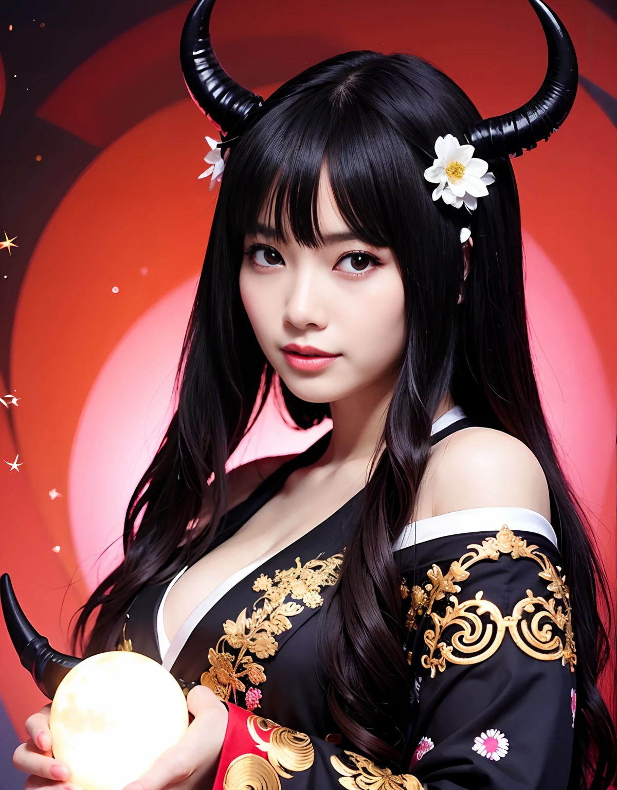 ,watercolor,(Perfect Hands),(best quality,masterpiece,wallpaper),(simple background,red background:1.3),(1girl,solo),large breasts(long hair,black hair),yellow eyes,oni_horns,(black_kimono,lace_trim_kimono,gold_trim),earrings,parted_lips,(spider lily hair ornament),pointed_ears,(empty eyes:1.2),blushing,turtleneck,shawl