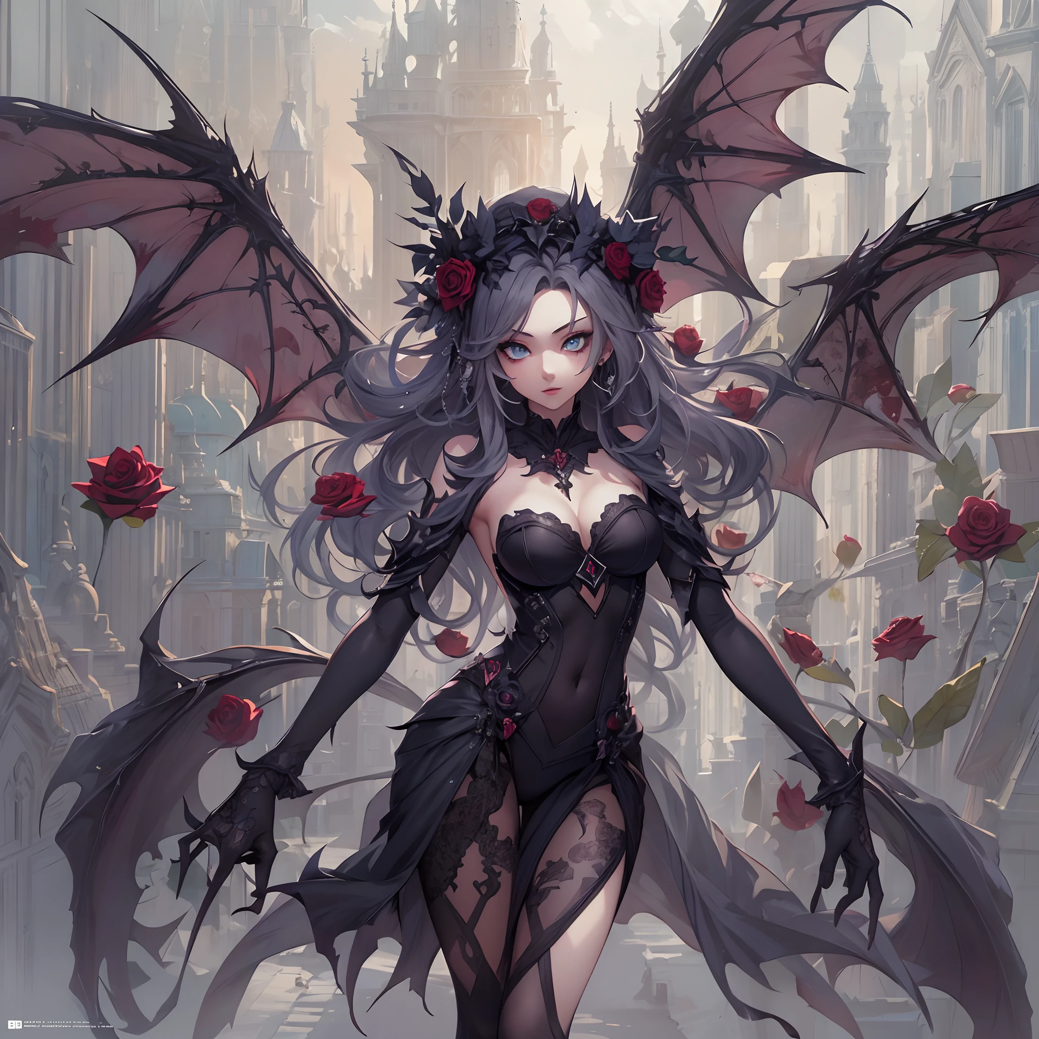 ((Masterpiece, Highest quality)), perfectly proportions，CharacterDesignSheet，full bodyesbian, Full of details, White background，Dark style，Beautiful teenage girl，Gradient hair color，Vampires，Detailed eyes, lacepantyhose，Rose decoration，High Balance, Overhead halo，Natural light