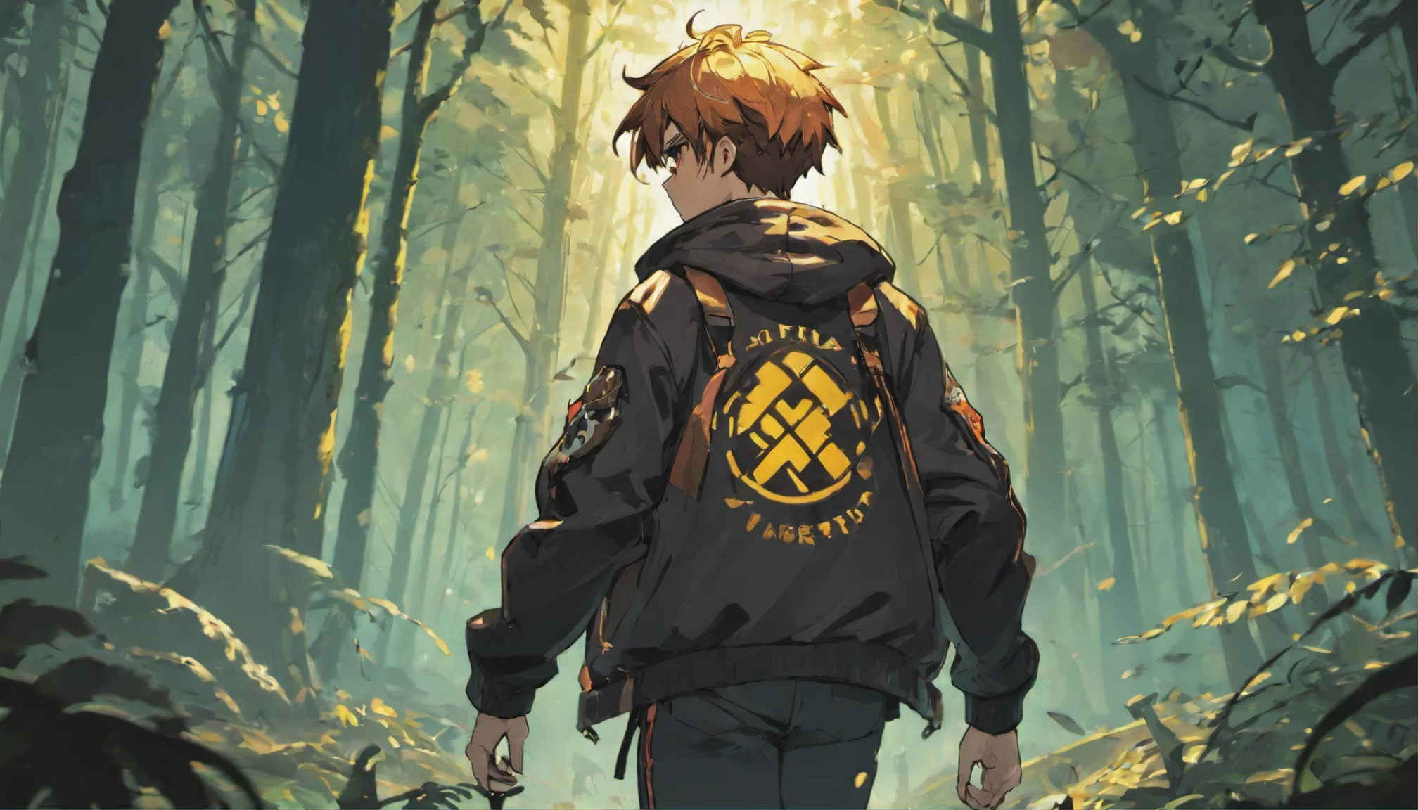 Wallpaper desktop (4k) boy 17 years old carry kriss vector wearing a jacket carryinh a bag use headsets walking in the forest facing back