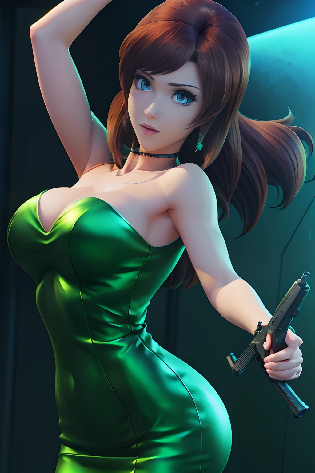 a close up of a woman holding a gun in a green dress, realistic anime 3 d style, rendered in sfm, game cg, anime styled 3d, glamorous jill valentine, artgerm ; 3d unreal engine, faye valentine, perfect dark, 3 d anime realistic, 3d anime girl, sfm render, anya from spy x family, anime cgi style