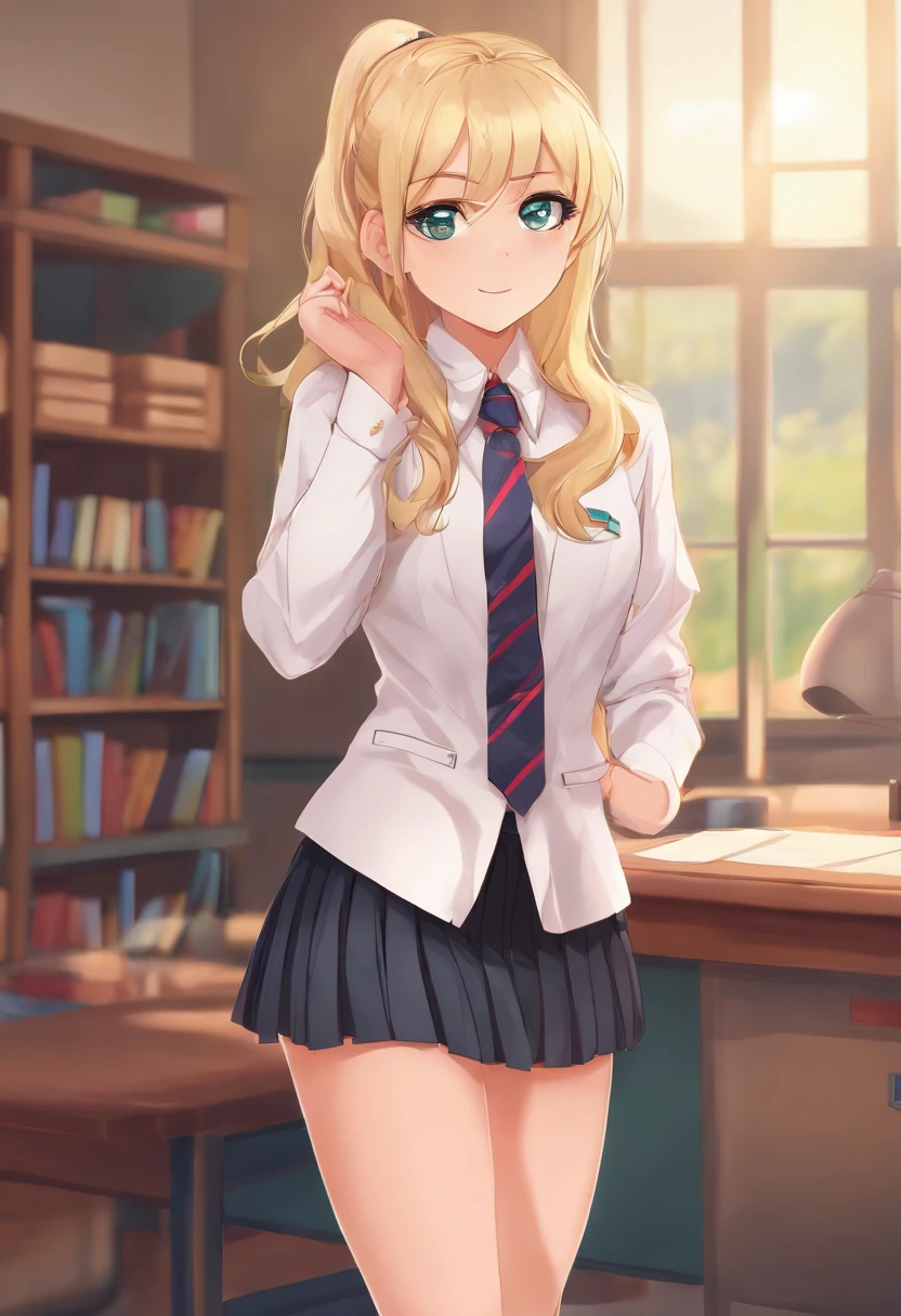 Blonde, miniskirt, teen, schoolgirl, perfect body, pretty face, standing, classroom background, blazer with shirt and tie knee high socks