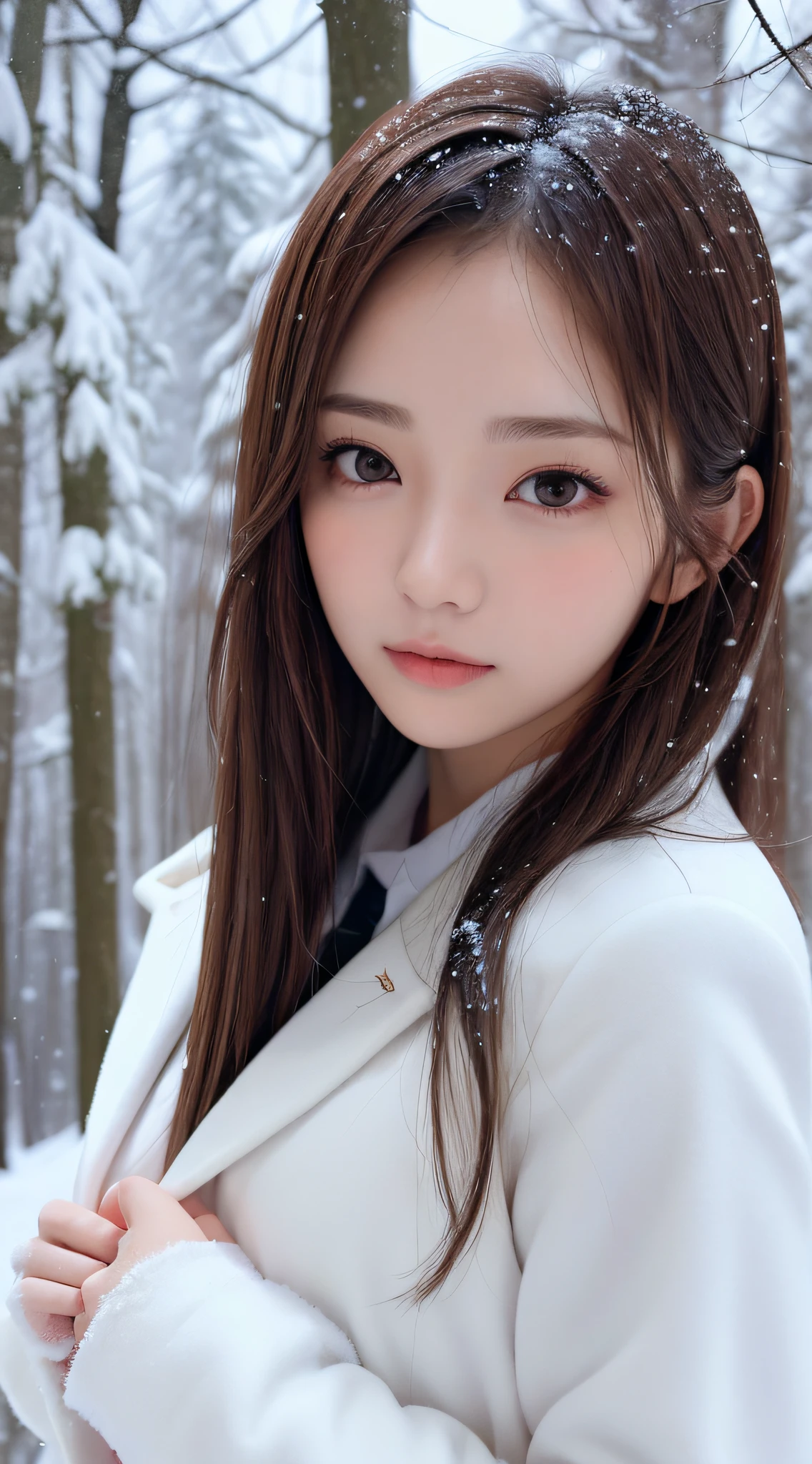 1womanl, (up of face:1.5), light brown hair, Blunt bangs, hair behind ear, hair over shoulder, Long hair, slender body shape, Ultra Fine Face, Thin face, Delicate lips, (beautidful eyes:1.5), thin blush, eyes are light brown,View here, Ultra-thin hands, Ultra-fine fingers, best ratio four finger and one thumb, (realisitic:1.3), white longcoat, muffler , gloves、Coniferous forest with heavy snowfall, It's snowing .One-person viewpoint, 8K, masutepiece, nffsw, Super Detail, High quality, Best Quality, hight resolution,