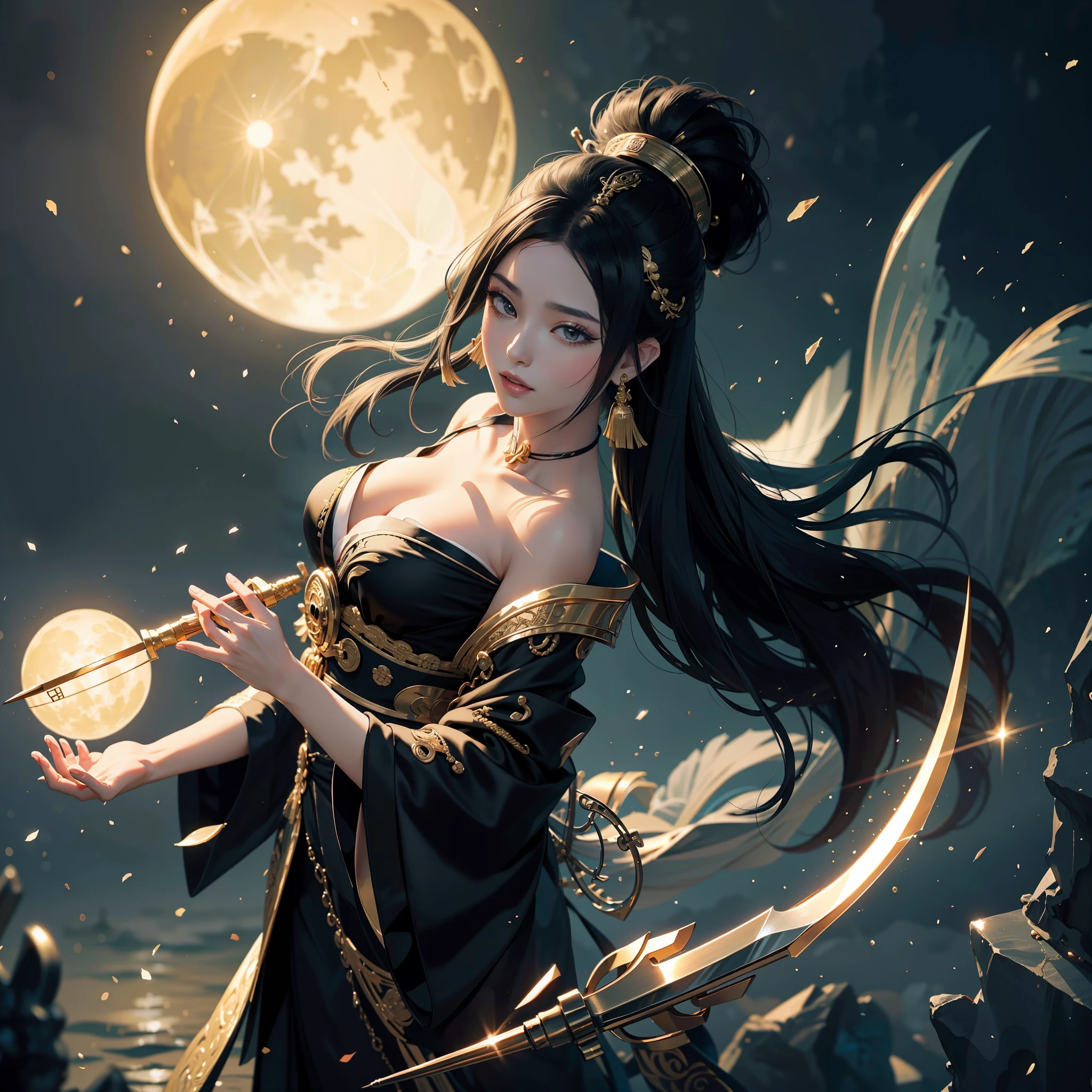 watching at viewers、Ancient capital and moon in the background、poneyTail、Woman with shiny black hair、{{{Luxury kimono(Black kimono(Detailed golden embroidery,))}}}、face perfect,Depict a beautiful and graceful woman of Japan。Heart in the eye。full body Esbian。 Beautiful anime art wallpaper 8k, beautiful fantasy anime, Beautiful anime, Detailed anime artwork.Blur the background with a sickle,((masutepiece)), ((Best Quality))