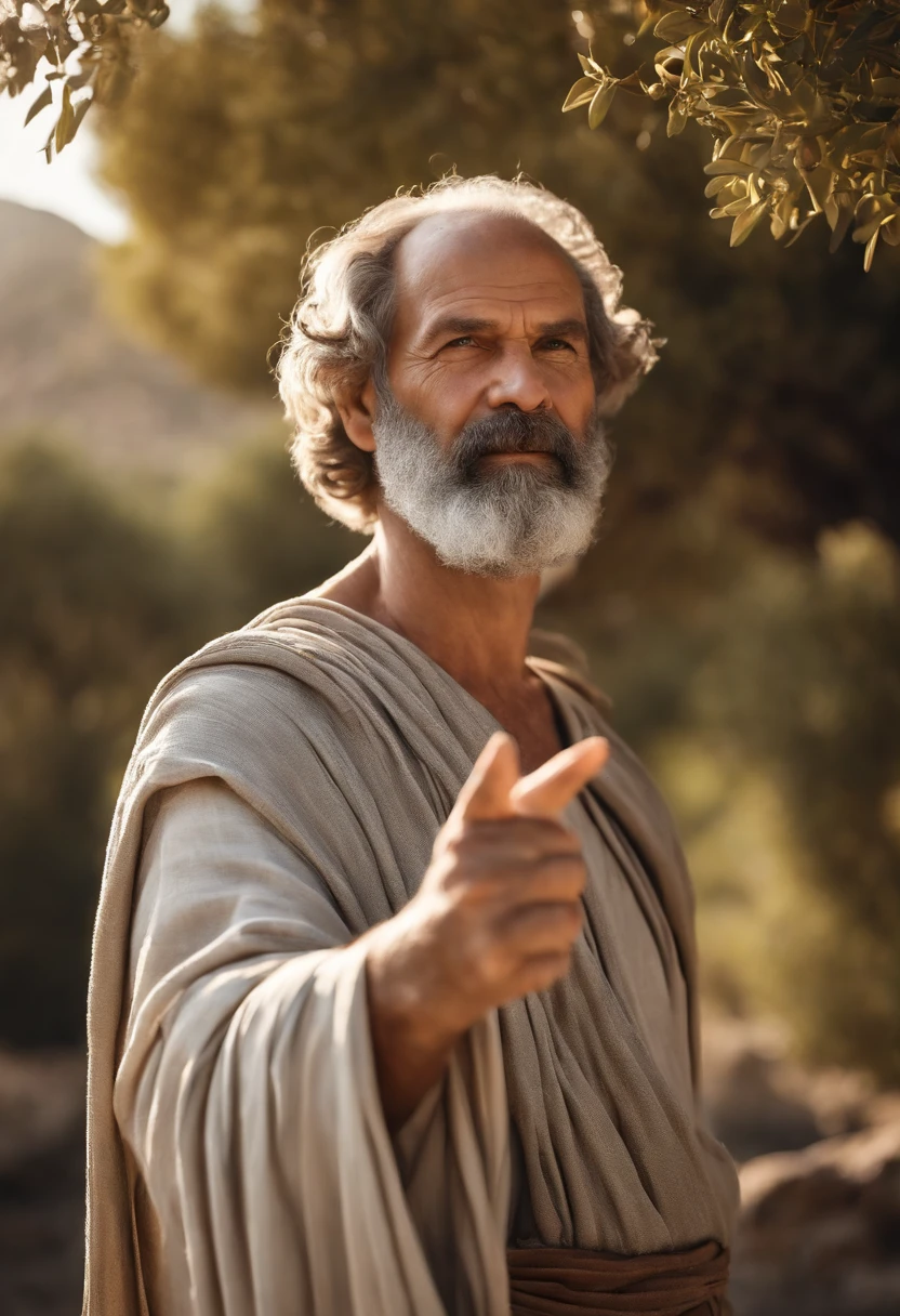 Socrates, man, 55 years old, overweight, humble dress, broad shoulders, index finger on his right hand pointing forward, white light on his fingertip, prominent and wrinkled forehead, a little bald, slightly wavy hair, straight nose, brown eyes and penetrating, smile in the corner of the mouth, ring of white and transparent lights of power around the head, wears a worn gray woolen tunic, blue sky, olive trees, ancient Greece, Greek agora. (High quality CG：1.2，rich in details，8k，A high resolution)
